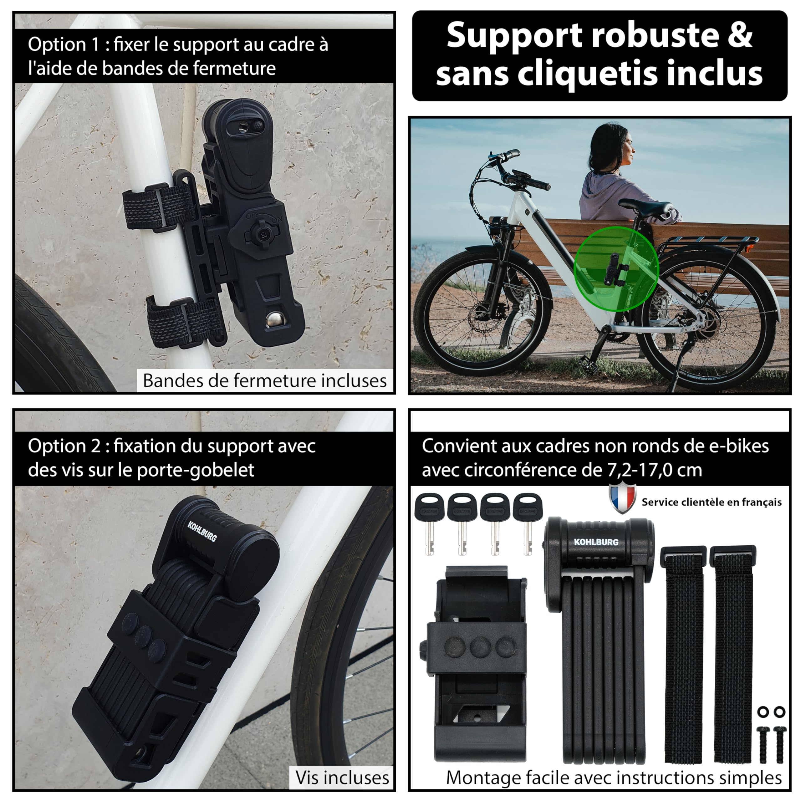 KOHLBURG Antivol pliable vélo 89cm – FUB 2 Roues – sécurité maximale à 1kg | Antivol vélo avec support – très sûr comme antivol trottinette & eBike vélo sécurisé – anti vol velo electrique homologué