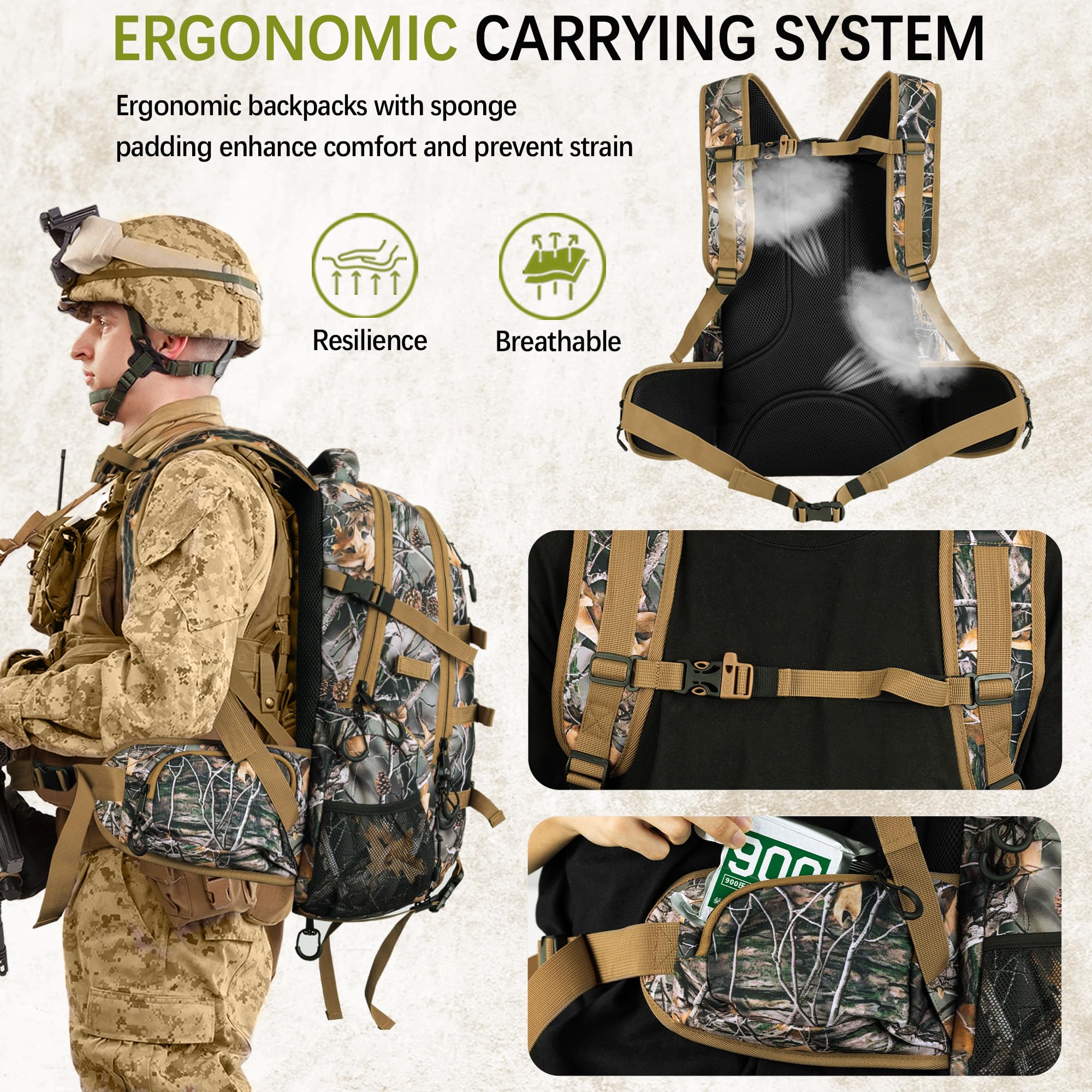 GoHimal Mochila de caza impermeable 600D, paquete de caza de camuflaje con riñonera para pistola de arco de rifle