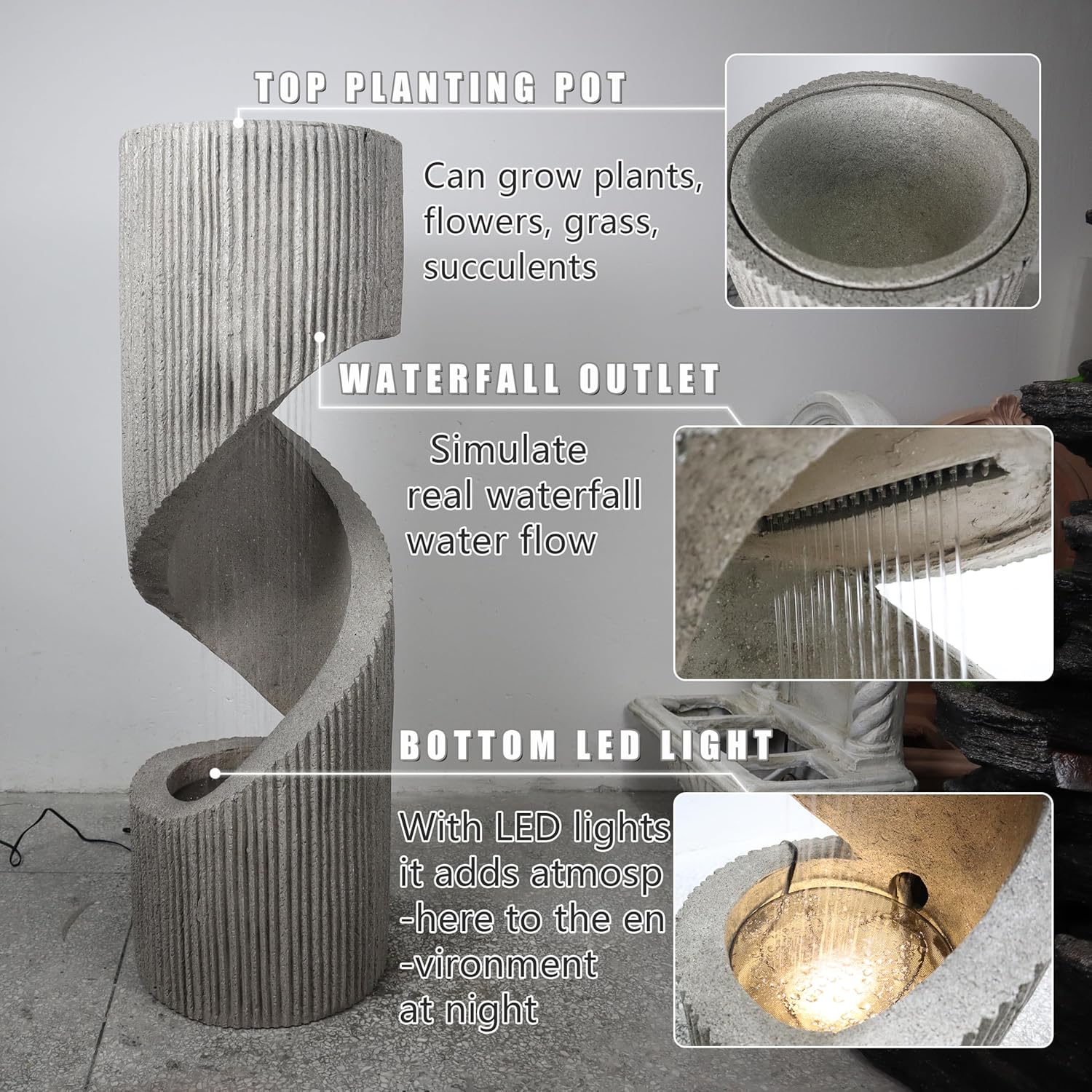 Large Spiral Waterfall Fountain with LED and Planter - Indoor/Outdoor Resin Garden Water Feature, Decorative Waterfalls & Fountains for Patio, Yard 11.8"x11.8"x39.4"(Gray) (Beige)