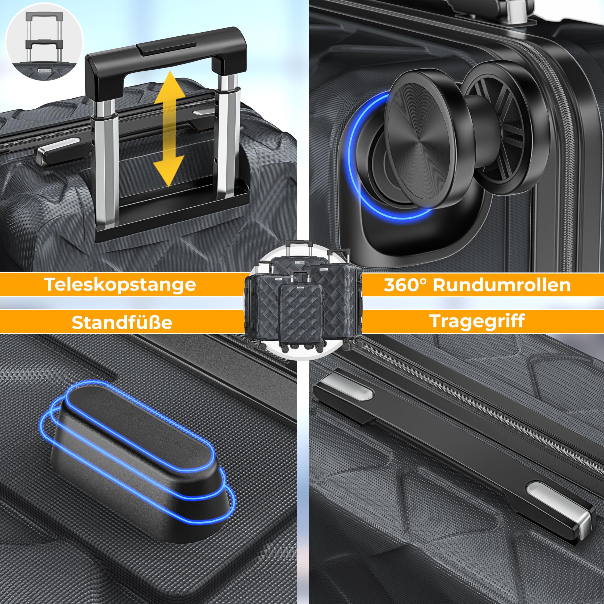 KESSER® Reisekoffer Set 4-teilig | Kofferset ABS Hartschalenkoffer mit Zahlenschloss, Kofferwaage & Reisebrieftasche 360° Rollen | Handgepäck & große Koffer für Business & Reise Trolley Charcoal