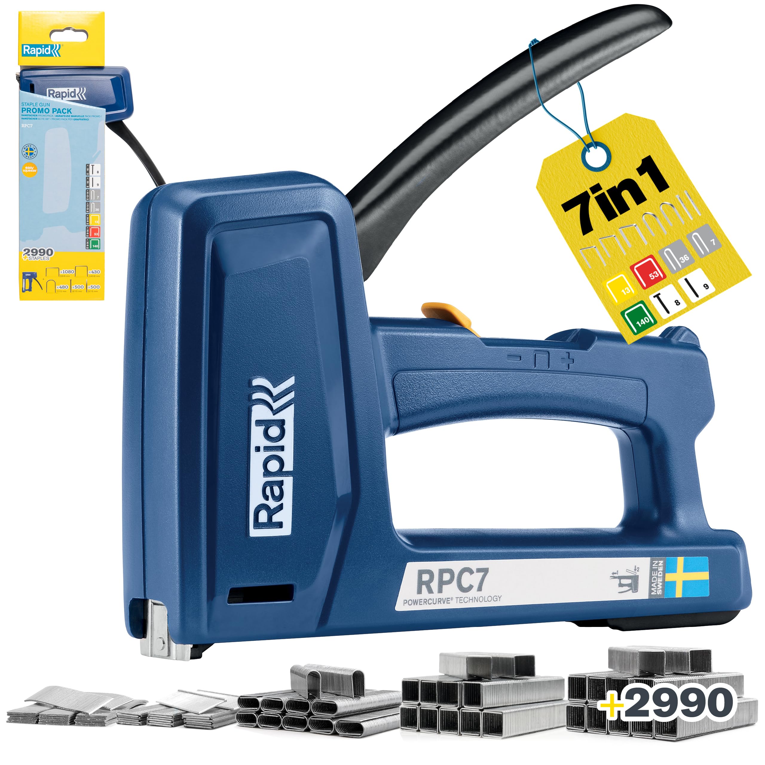 Rapid RPC7 Graffatrice Manuale 7 in 1 con 2990 Graffe e Chiodini, per il Fissaggio di Tappezzeria, Cavi e Moquette su Pareti in Legno, Tecnologia PowerCurve 50% Meno Faticosa, Realizzata in Svezia