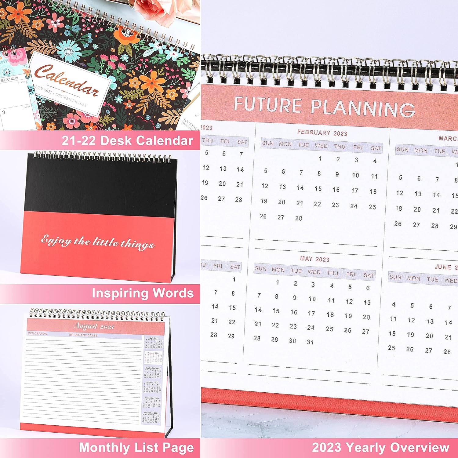 Desk Calendar 2021-2022 - Standing Flip 2021-2022 Desktop Calendar with Thick Paper, 10" x 8", Jul. 2021 - Dec. 2022, Memo Pages + Twin-Wire Binding + Large Unruled Blocks with Julian Date - Floral : Office Products