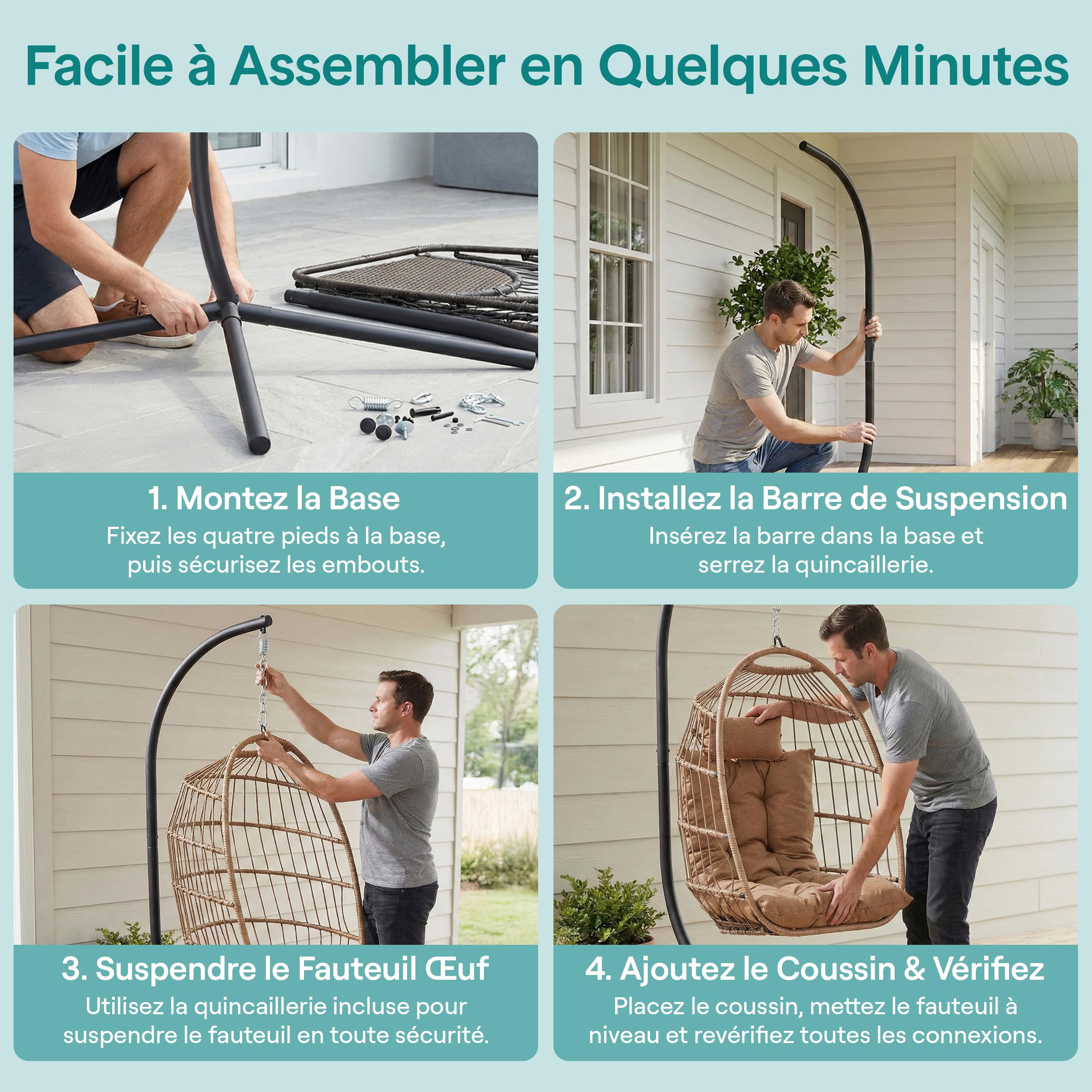 SereneLife Fauteuil Oeuf Suspendu avec Support – Rotin Tressé Pliable, Coussin Imperméable, Appui-Tête Confort pour Patio, Chambre, Véranda, Jardin, Marron