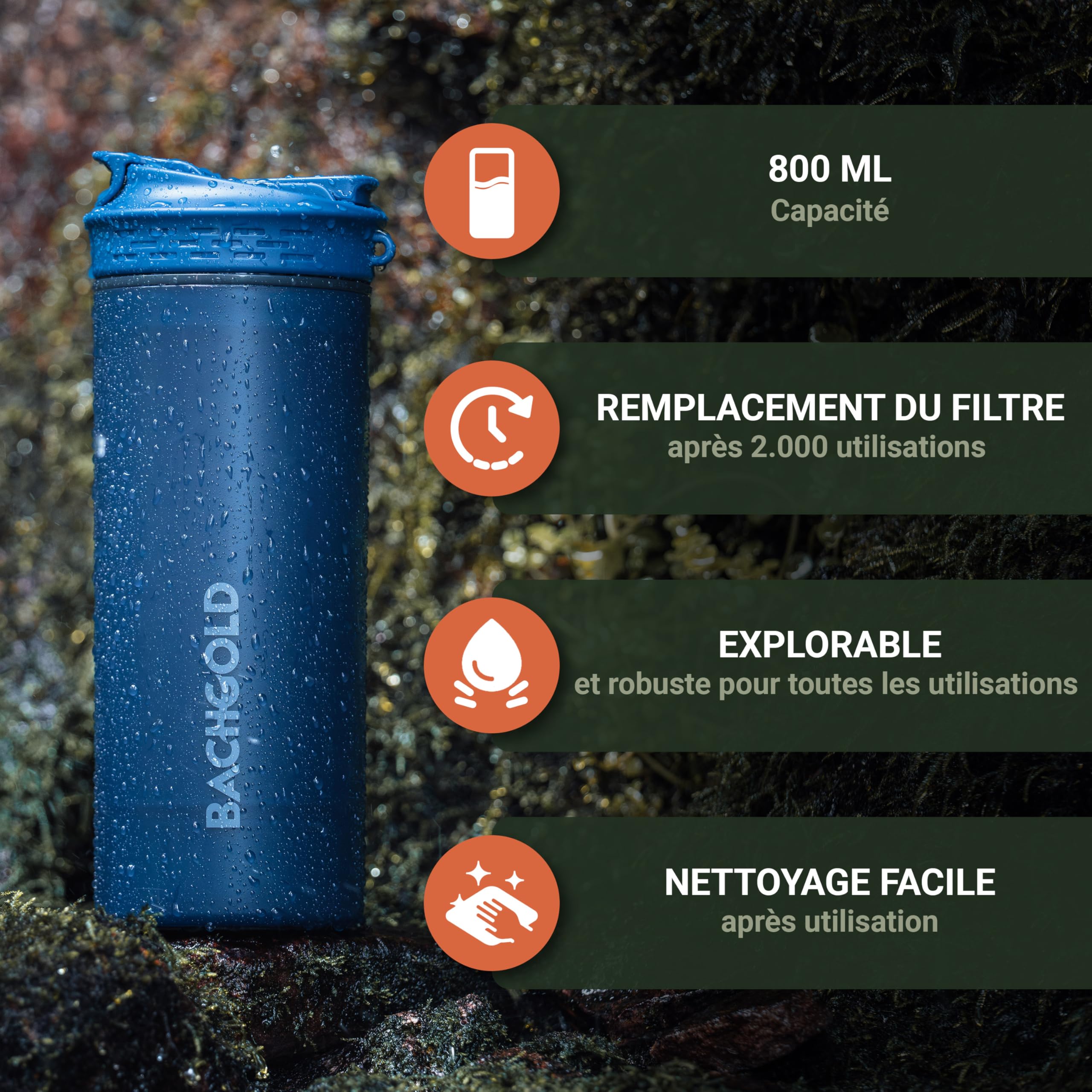 Bachgold Gourde filtrante eau non potable XL 800 ml capacité filtration 2000 L élimine 99,99% bactéries virus particules métaux lourds