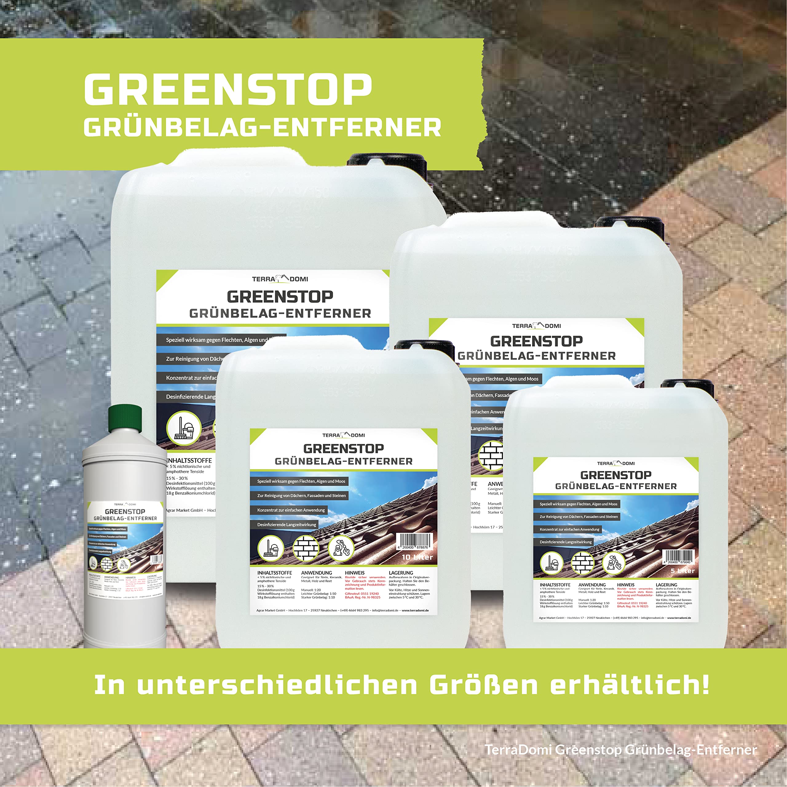 TerraDomi 5 Liter Greenstop für 1500m² I Grünbelagentferner 1:50 Konzentrat gegen Flechten und Algen I Dach- und Steinreiniger I effektiver Fassadenreiniger | A.K.B. …