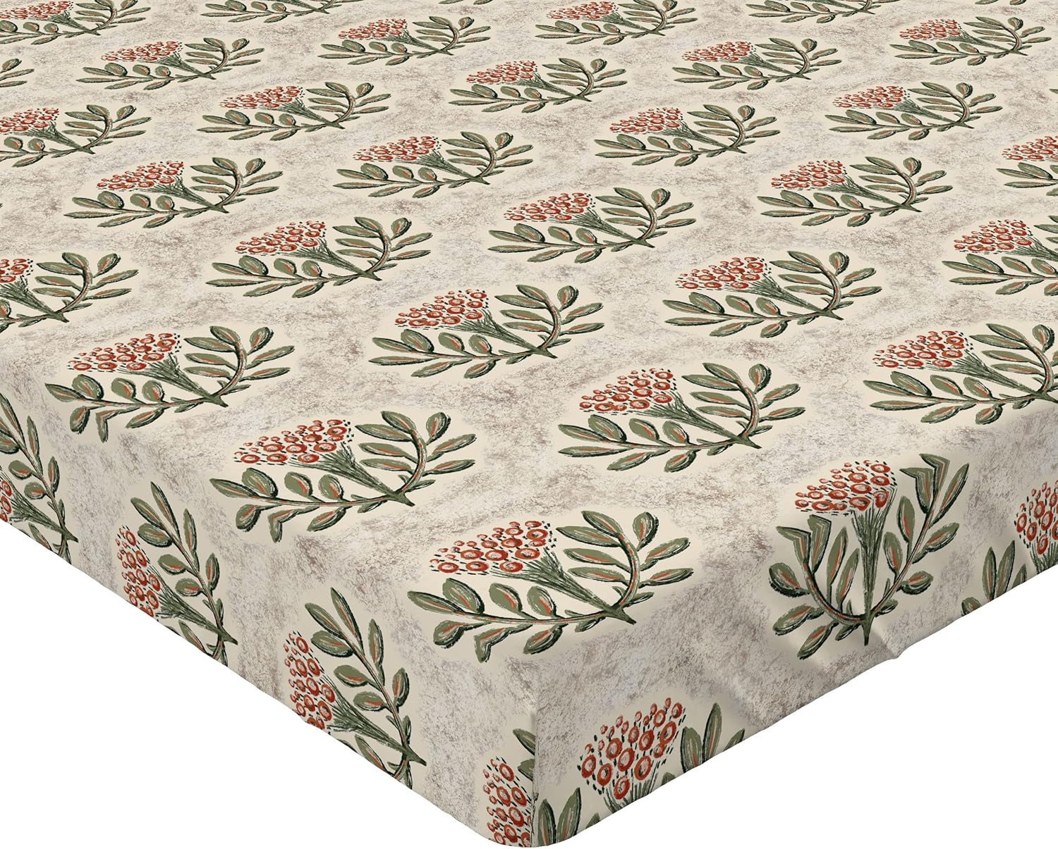 Ambesonne Vintage Fitted Sheet, Flowers and Leaf Print Branches Sketchy Painting Weathered Retro Art, Decorative Soft Fabric Bedding All-Round Elastic Pocket, Queen Size, Eggshell and Olive Green