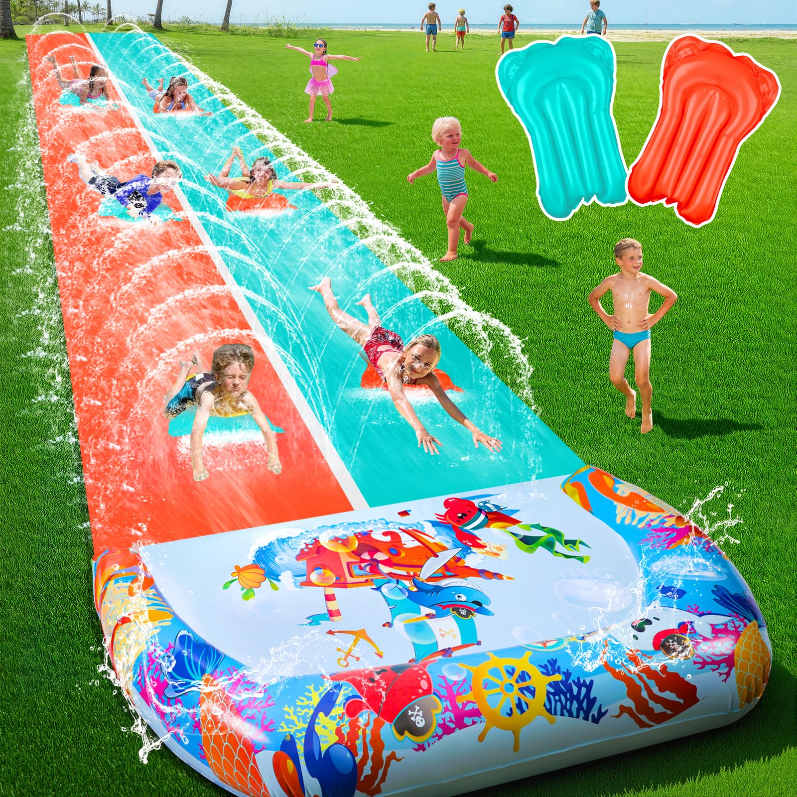 Photo 1 of 46FT Double Slip and Water Slides for Kids Adults Backyard, Extra Long Lawn Water Slides with 2 Bodyboards, Heavy Duty, Giant Inflatable Water Slip Toys with Crash Pad for Summer Outdoor Party
