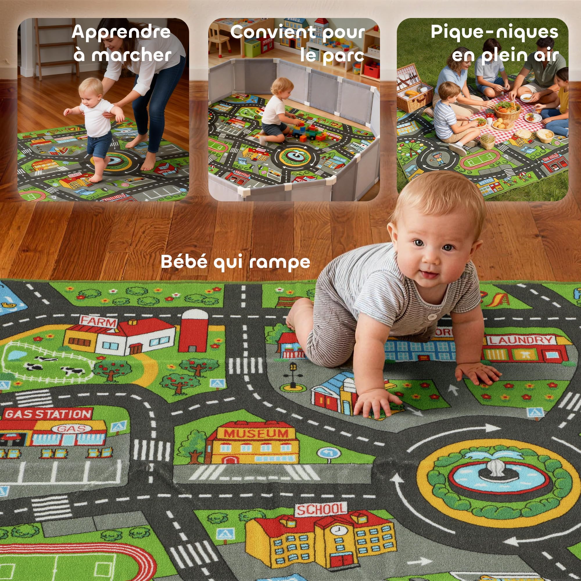 AIYAPLAY Tapis de Jeu pour Bébé 200 x 150 cm Tapis de Sol Antidérapant | Motif de Route de la Ville, Favorisant le Développement Sensoriel, Ramper et Jouer, Chambre, Salon