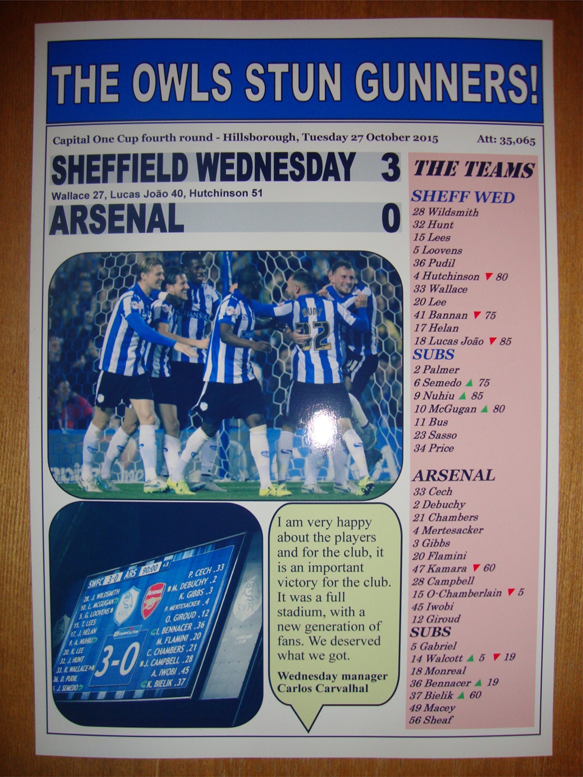 Lilywhite Multimedia Sheffield Wednesday 3 Arsenal 0-2015 Capital One Cup - Souvenir Print