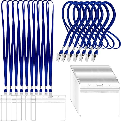 100 etiquetas horizontales de plástico transparente para tarjetas de identificación y 100 cordones negros con clip (azul)
