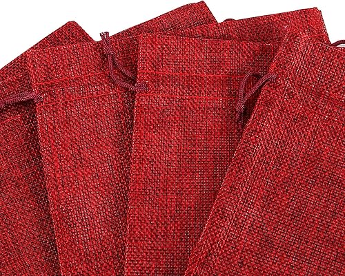 Miniatura 10 de ZOENHOU Paquete de 50 bolsas de arpillera grandes de 5 x 7 pulgadas con cordón, bolsas duraderas de yute rojo vino, sacos de arpillera a prueba de