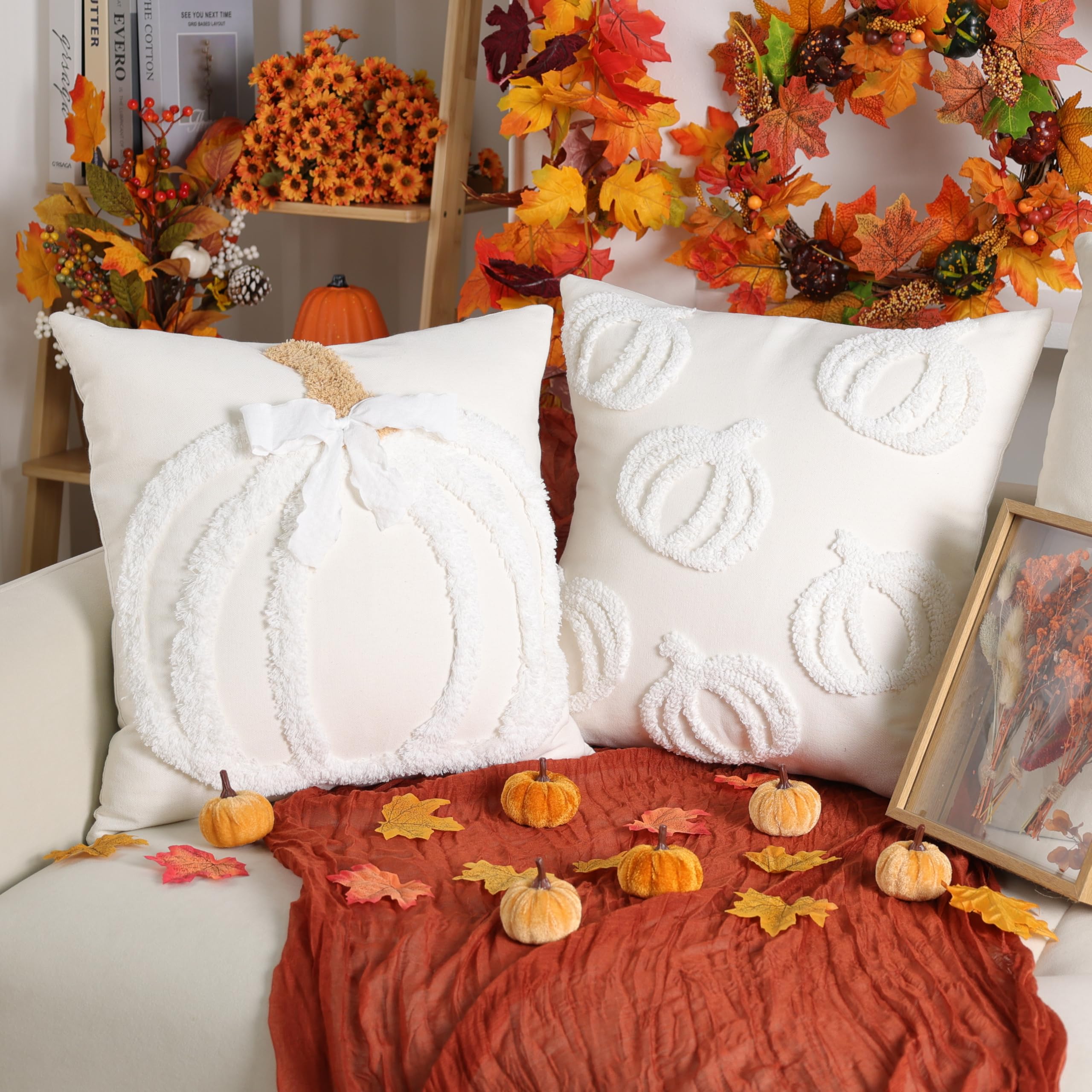 2 Pack Fall Pumpkin Pillow Covers 18x18 Inch - Embroidery Linen Covers For Sofa, Thanksgiving Decor