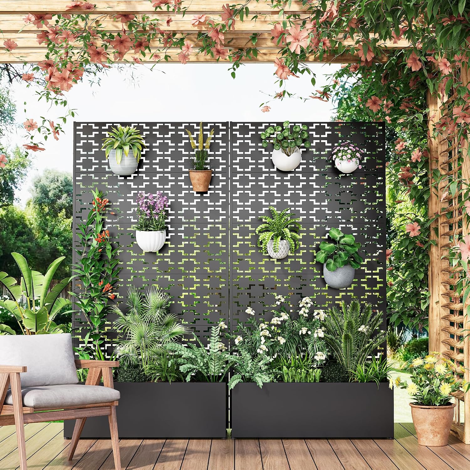 Outdoor Privacy Screen Metal Planter Box with Trellis, Outdoor Freestanding Raised Garden Bed for Patio, Backyard 71" H x 36" W Decorative Fence Privacy Panels for Outside