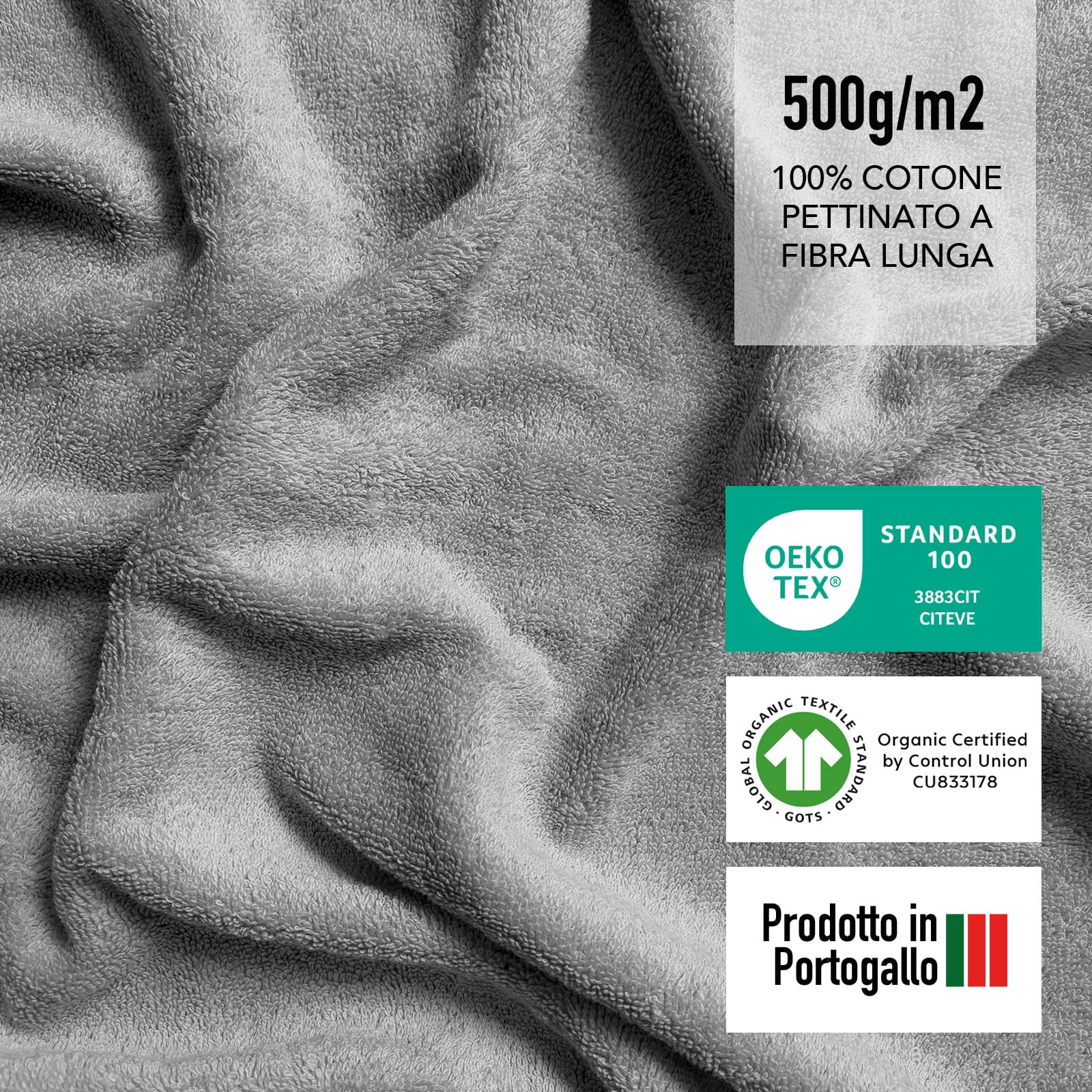 SLEEPZEN - Set di Asciugamani da Bagno (2x 50x100 + 2x 70x140 - Grigio Perla) Cotone Biologico GOTS - 500 GSM - Ultra Assorbenti - Morbidissimi - Prodotto in Portogallo - Certificato Oeko-Tex