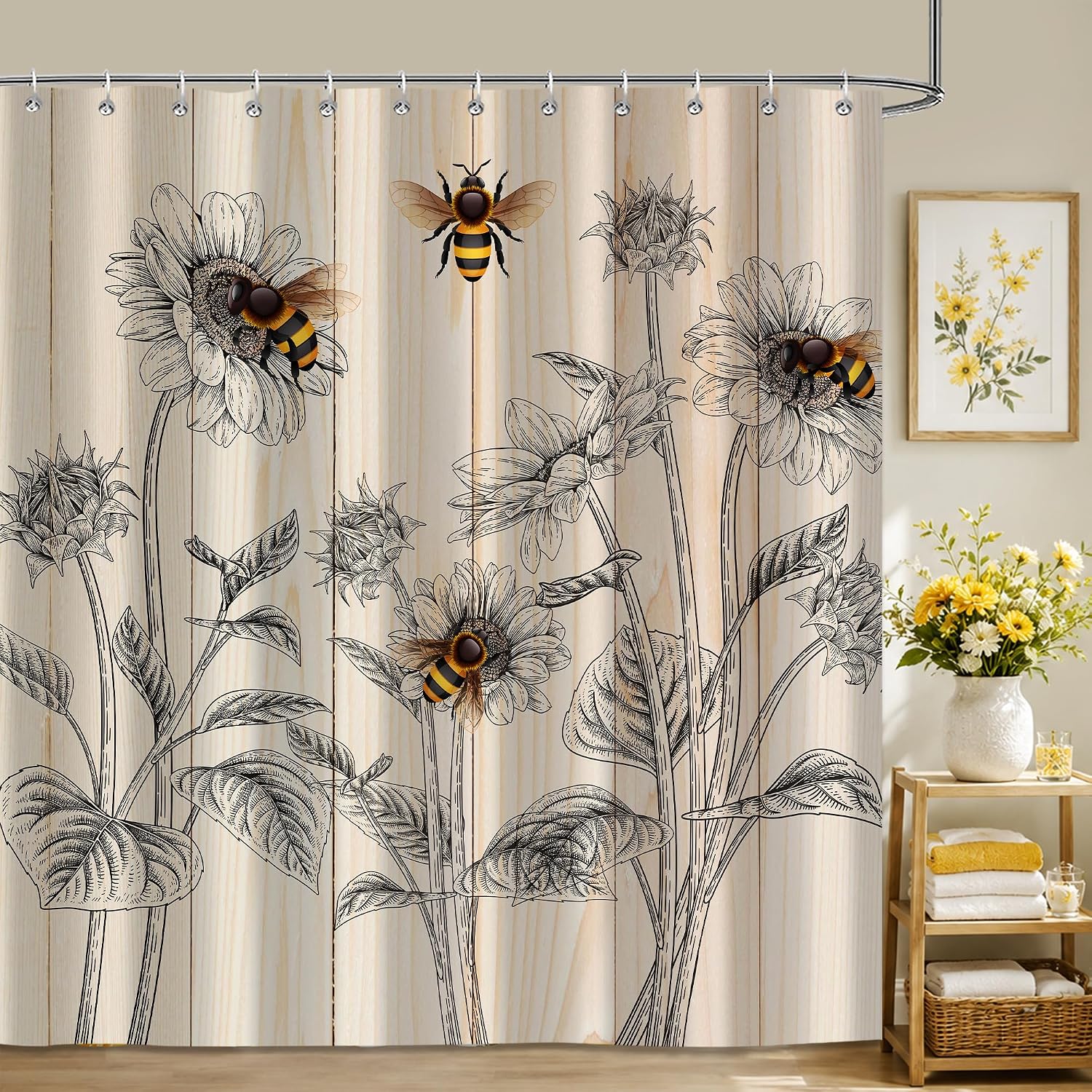 Moonslim Bee Shower Curtain Set 72Wx78H, Country Farmhouse Honeybee Flowers Floral Sunflower Plant Leaves Shower Curtains Set Bathroom Decor, Waterproof Fabric with 12 Hooks Accessory image 3