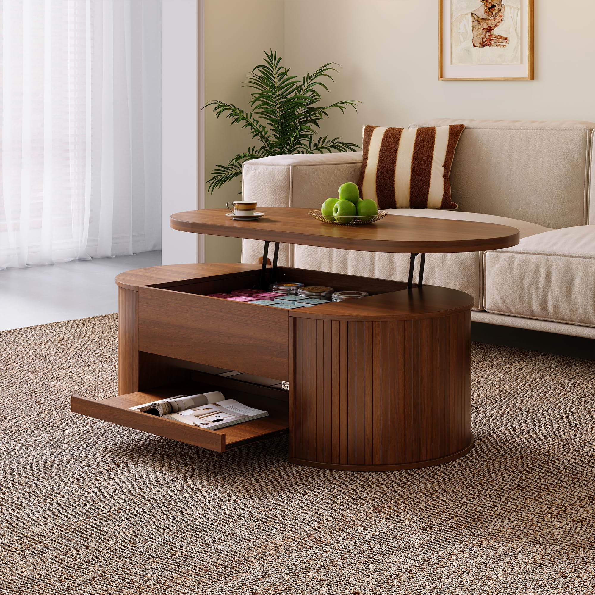 Merax Table basse élévable 110x55,5x40 cm, hauteur réglable avec côtés en bois incurvés, étagère extensible, meuble de salon multifonctionnel, espace de rangement pour collations, livres, électronique