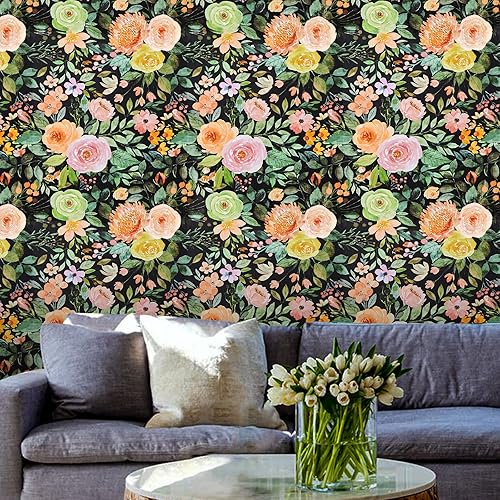 Beautysaid Papel tapiz floral para despegar y pegar papel de pared texturizado bohemio para dormitorio, baño, apto para inquilinos, impermeable,
