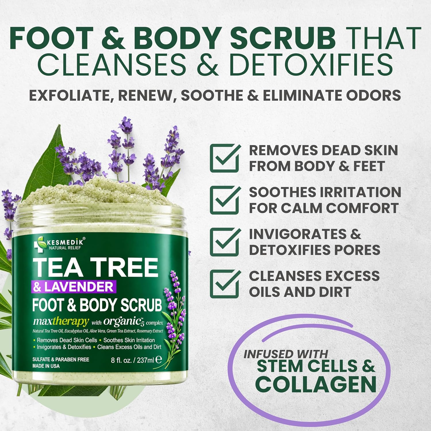 KESMEDIK Tea Tree Oil Foot & Body Scrub with Himalayan Salt & Shea Butter, Antifungal Defense Exfoliating Scrub for Feet & Skin, Odor Control, Itch Relief, Removes Dead Skin, Rough Heels & Patches