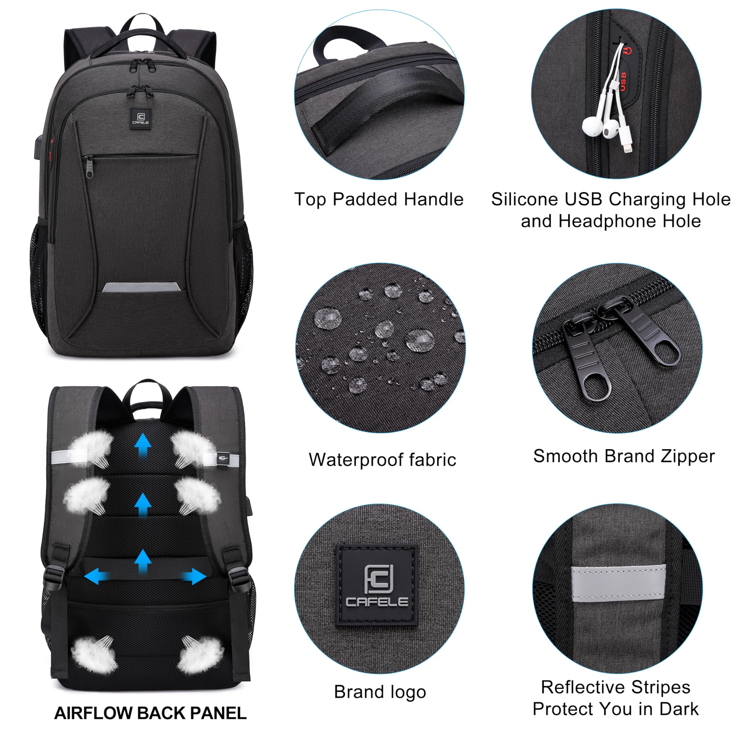 CAFELE Sac à dos professionnel avec compartiment 17,3 pouces et port USB de recharge - Idéal pour le travail, les voyages et l'école. Style tendance unisexe en gris