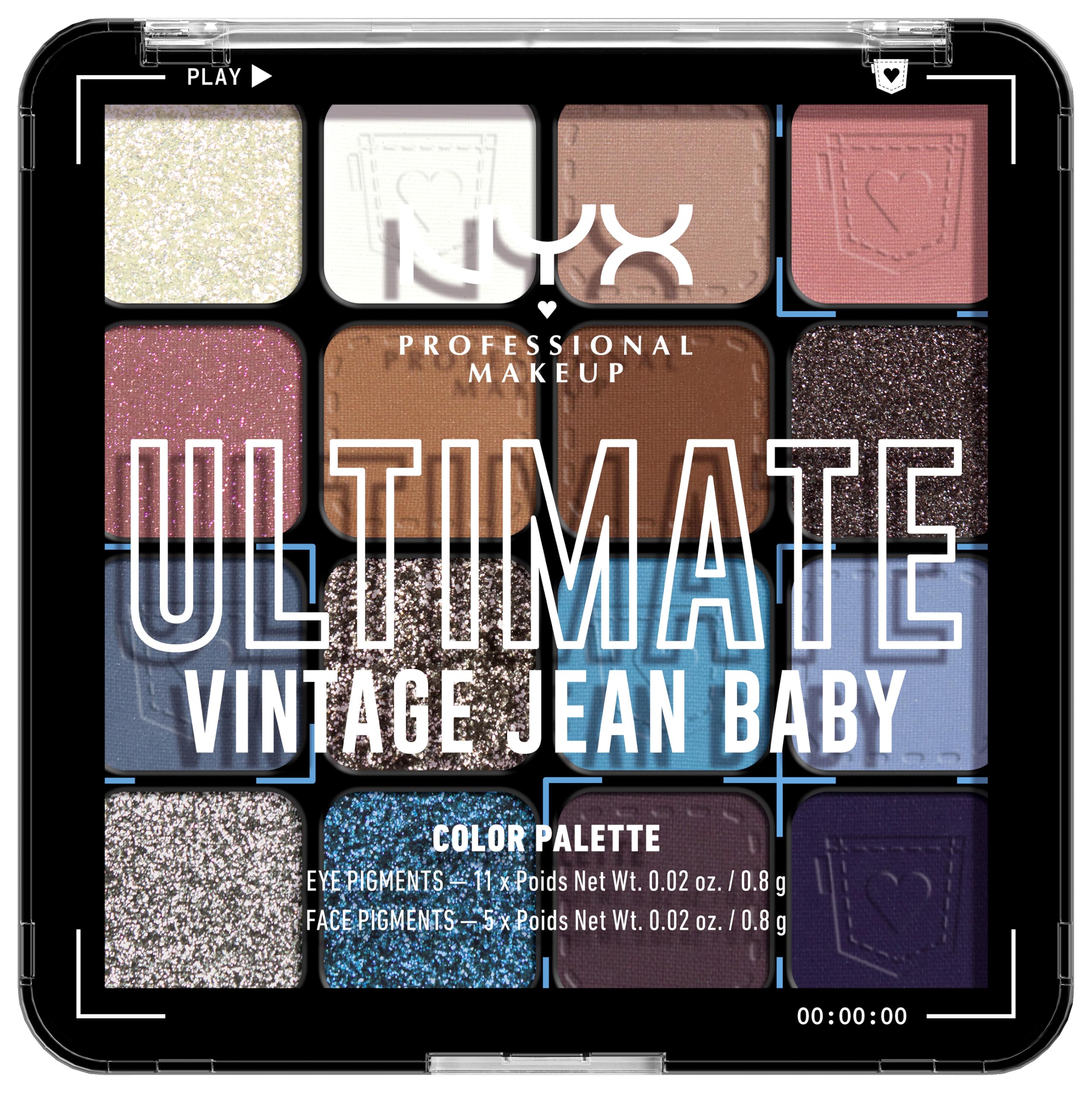 NYX Professional Makeup Lidschattenpalette mit 16 Farbtönen, Intensives und langanhaltendes Finish, Vegane Formel ohne Inhaltsstoffe tierischen Ursprungs, Ultimate Shadow, Farbton: Vintage Jean Baby