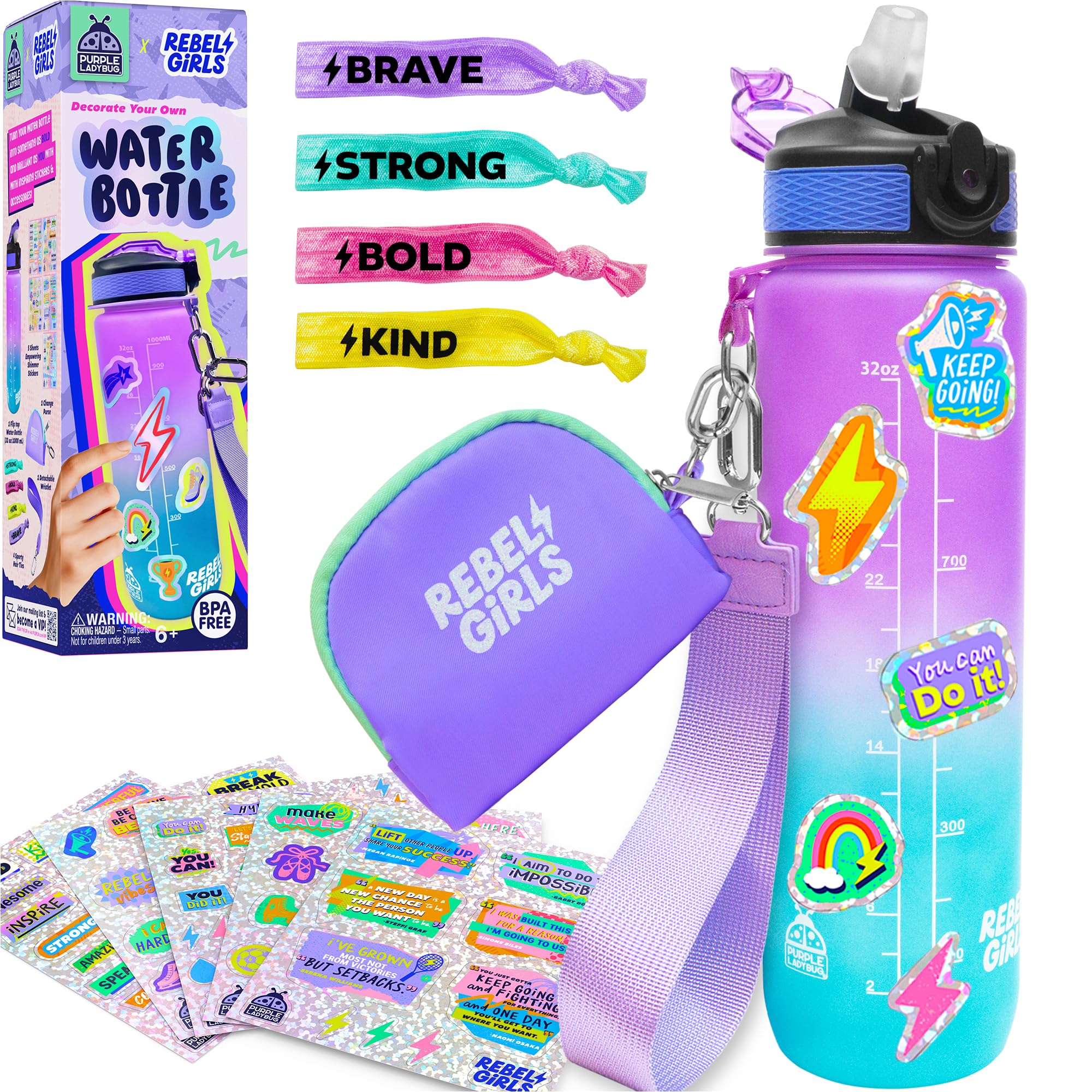 Rebel Girl Decorate Your Own Water Bottle - 32oz BPA Free Water Bottle for Kids with Motivational Stickers