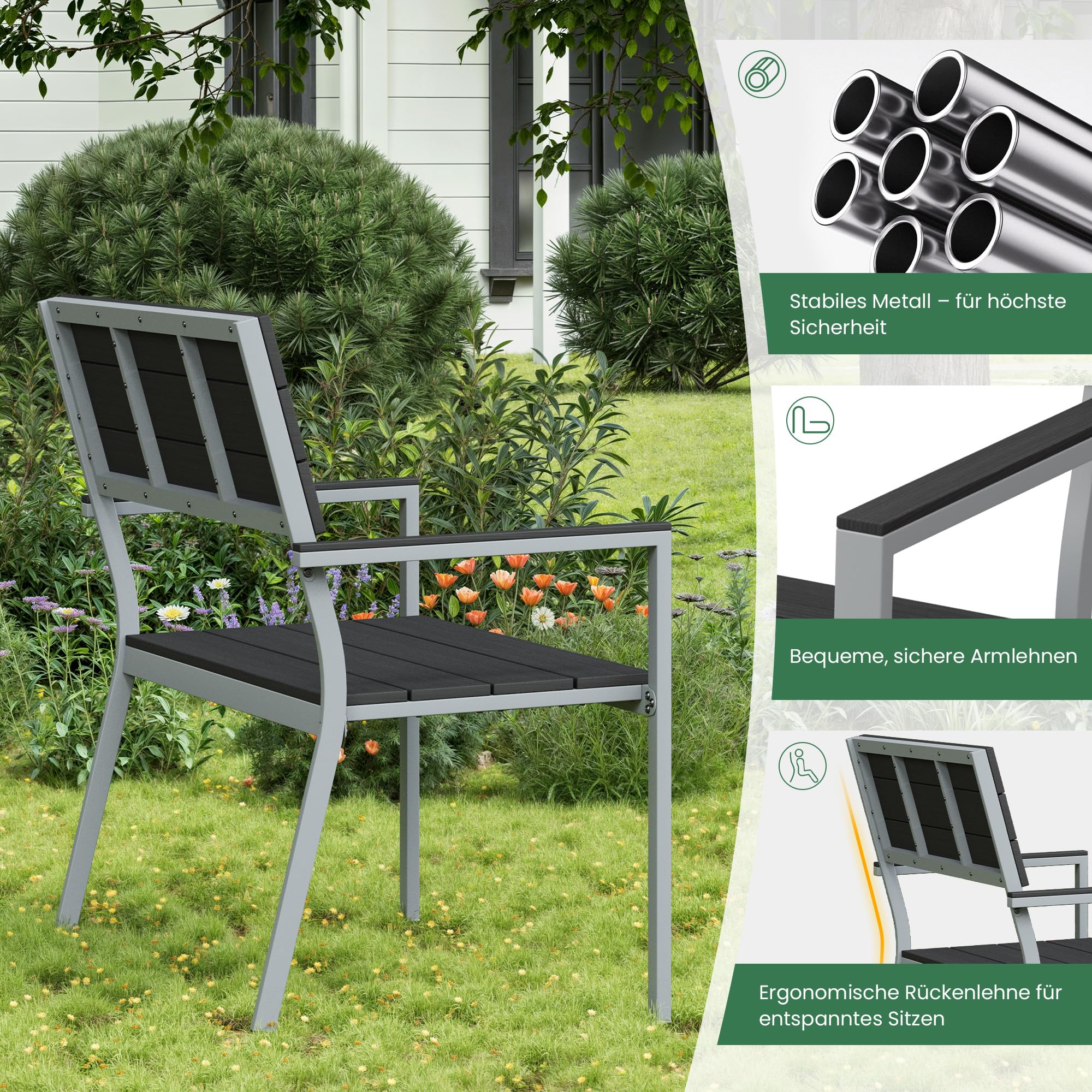 Amopatio Gartenbank Wetterfest, 2 Sitzer Sitzbank Outdoor, Balkonbank Metall aus WPC, UV-beständig Holzbank, Moderne Parkbank Gartenmöbel bis 320kg für Garten, Terrasse & Balkon, Schwarz-Anthrazit