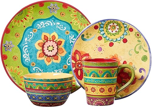 Miniatura 2 de Tunisian Sunset - Juego de vajilla de cerámica de 16 piezas, servicio para 4 – Coloridos platos, cuencos y tazas bohemios con patrones florales