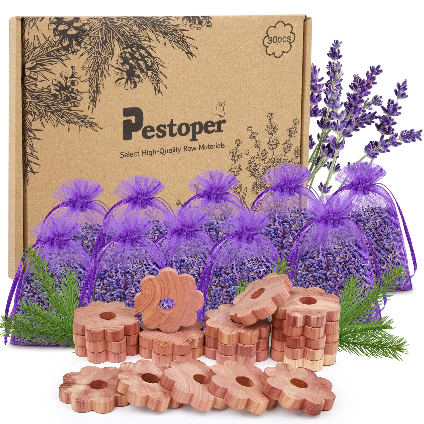 30 Piezas Antipolillas para Ropa Armario, 20 Anillos De Polilla 10 Bolsitas De Lavanda, Protección contra Polilla De Ropa, Ambientador Armario Polillas Trampas