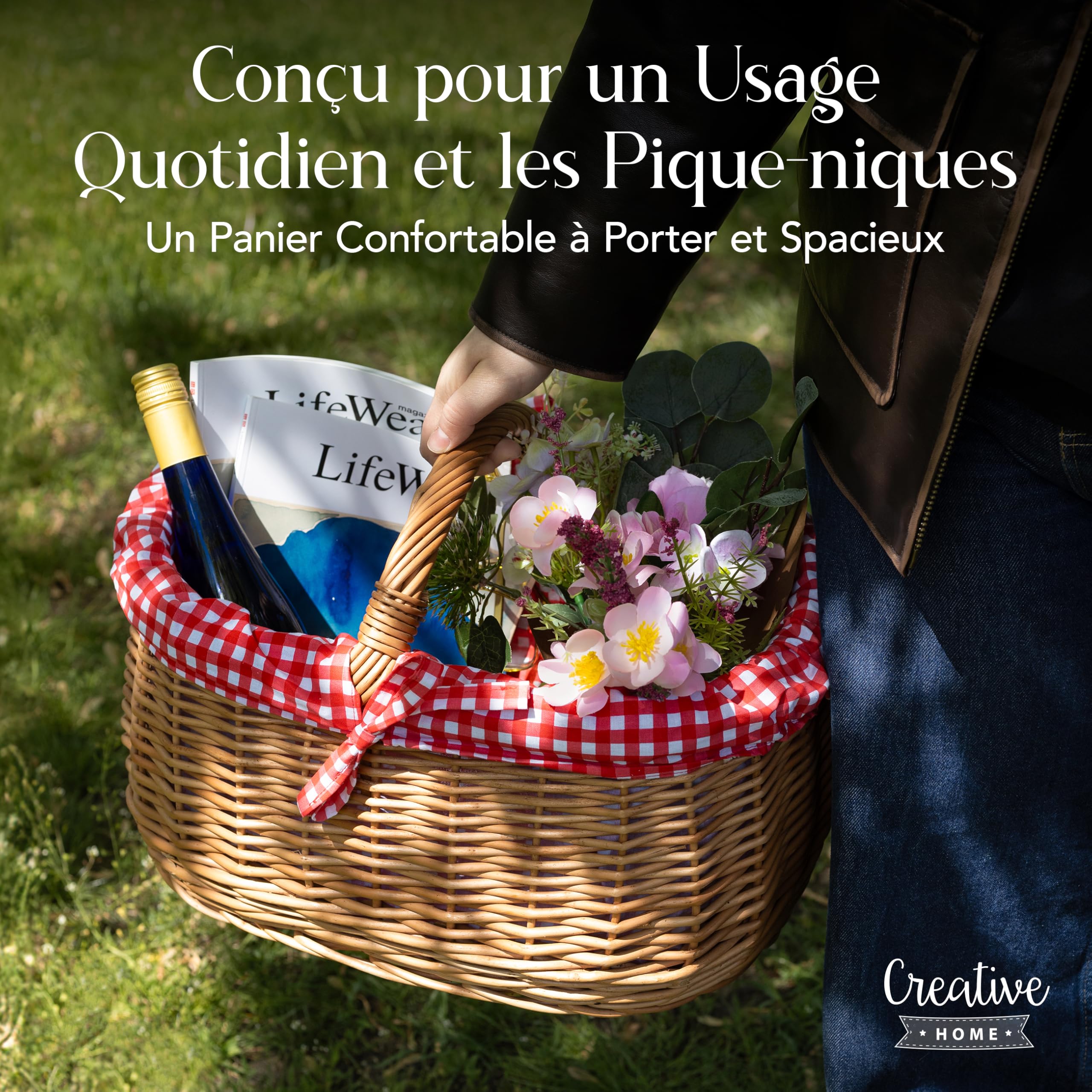 Creative Home Grand Panier de Pique-Nique avec Bordure à Carreaux Rouges | Panier en Osier avec Poignée | 45 x 32 x 34 cm (+/- 2 cm) | Grand et léger | Brun naturel | Tressé à la main | Universel