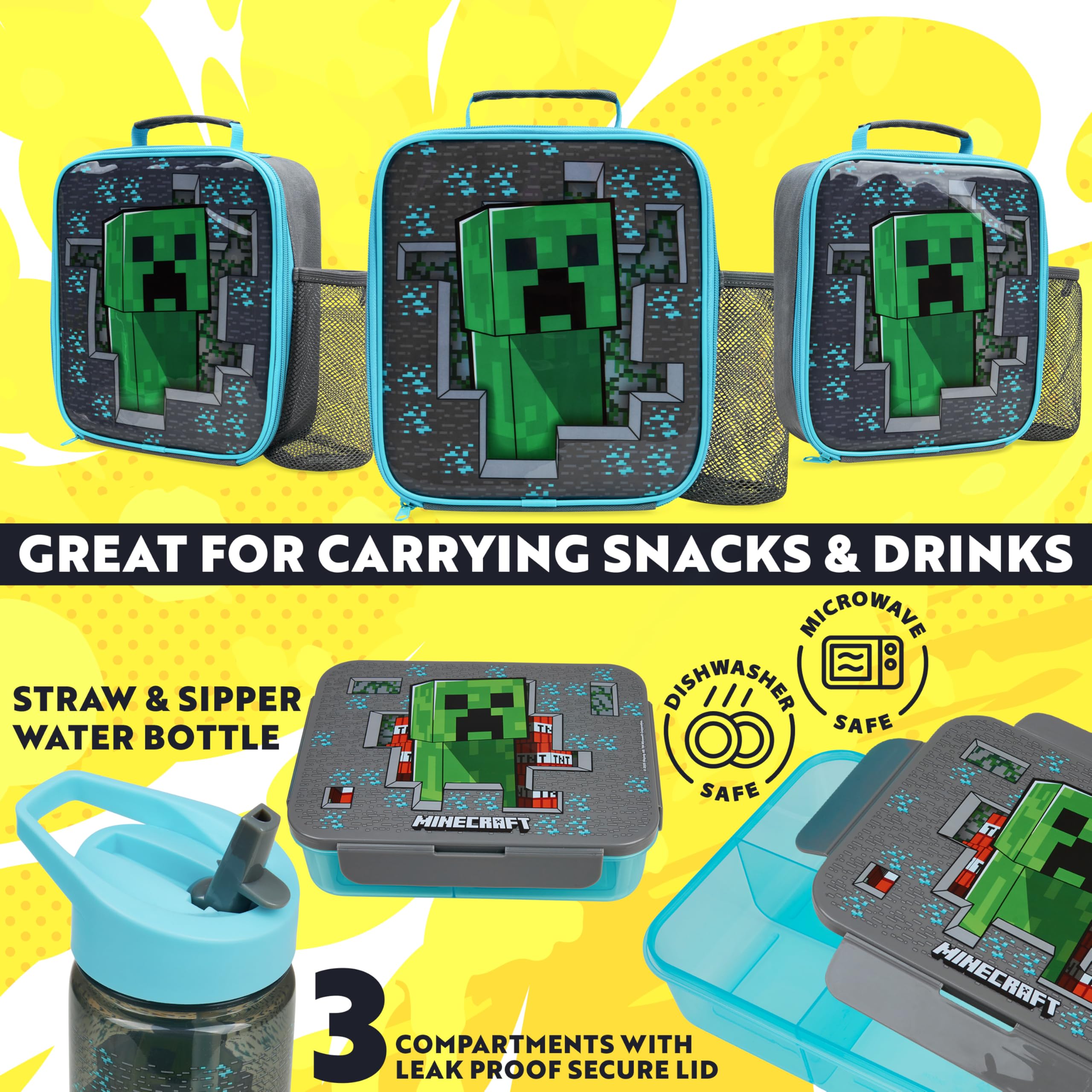 Get Trend Minecraft Water Bottle Lunch Bag & Lunch Box Kids 3 Pcs Set Creeper School Supplies Snack Box BPA Free Leakproof for Travel Picnic Holiday (Multi Minecraft) - Image 3