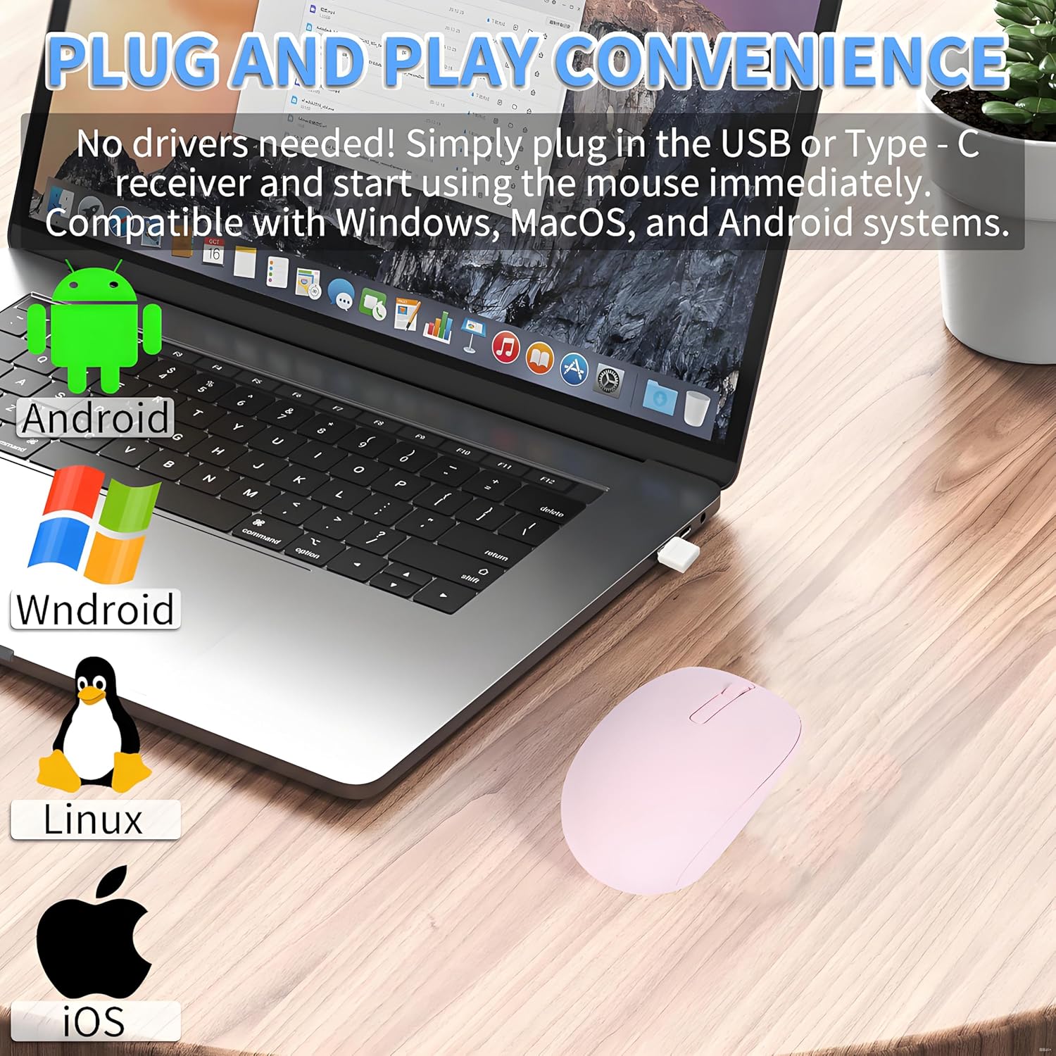 USB C Wireless Mouse - Dual Interface Silent 2.4G Wireless Mouse for Laptop, MacBook, and Mobile Devices with USB/Type C Receiver, 10m Range, Comfortable Design-Pink