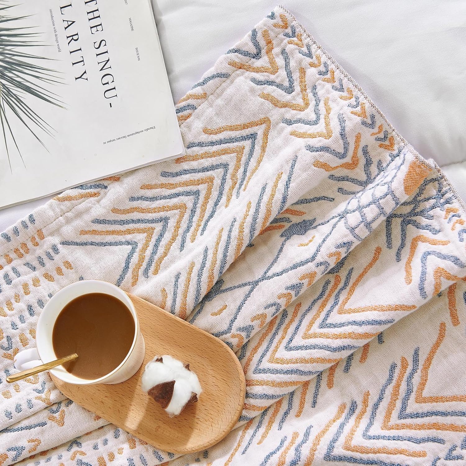 jinchan Boho 100% Cotton Muslin 50x60 Throw Blanket Lightweight 4-Layer Orange Multi Reversible Blanket Washable Breathable Decorative Geometric Striped Pattern Soft Comfy for Couch Bed All Seasons - Image 9