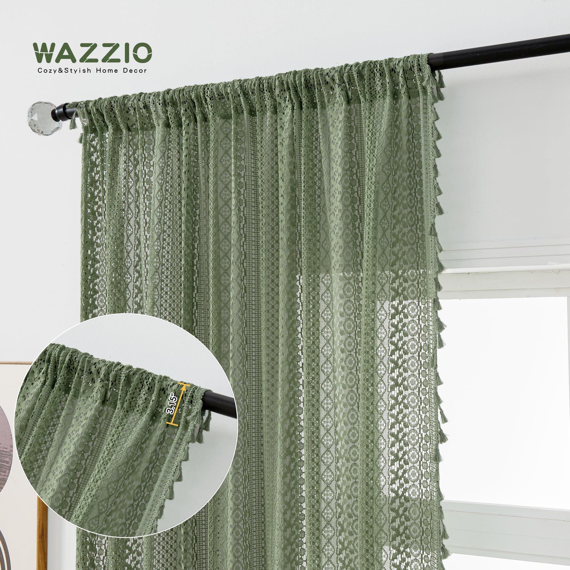 WAZZIO Rideaux Oliver Vert, 160 cm de long, Boho, dentelle translucide, ensemble de 2 panneaux, passe-tringle, filtration de lumière au crochet rétro pour salon, chambre à coucher, traitement de