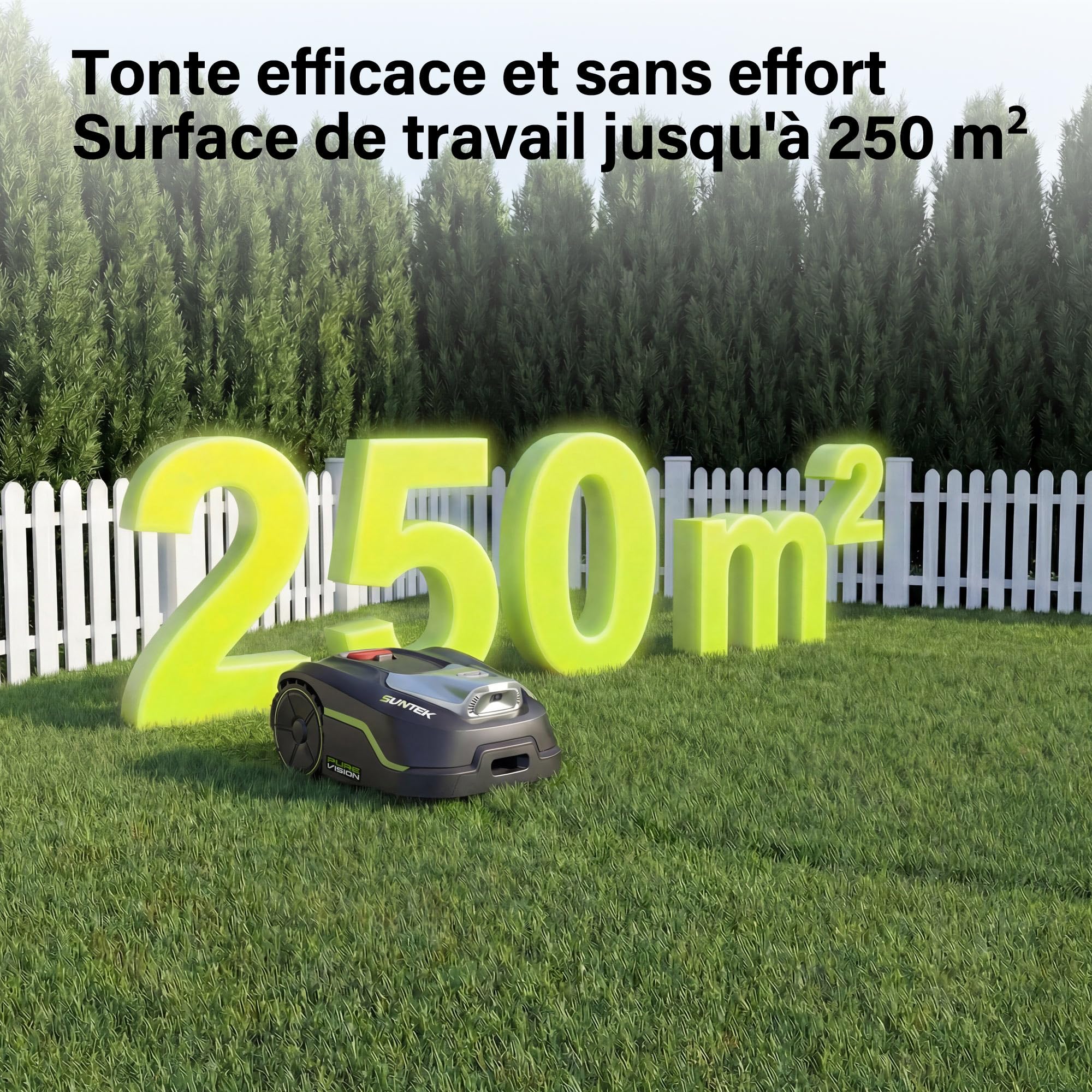 SUNTEK Robot Tondeuse sans Fil Périphérique - Robot Tondeuse IA + Vision pour 250 m², Technologie IA Caméra, Pente jusqu'à 35°, Étanchéité IPX5, Cartographie Automatique, Contrôle APP