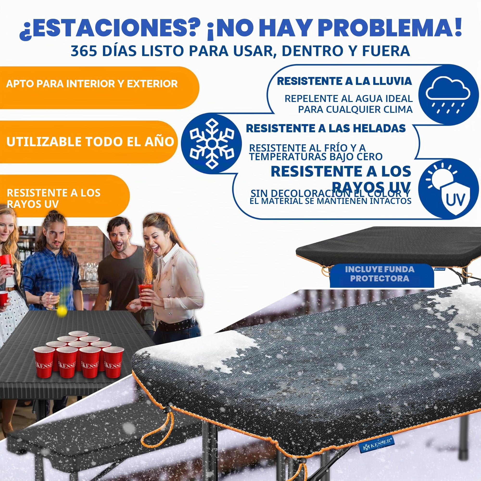 KESSER® Juego de Tienda de Cerveza - Juego de 3 Piezas, Mesa + 2X Banco, Mesa Plegable, Plástico, Juego de jardín con Aspecto de ratán/Plegable, Asas de Transporte, 73x180x75 cm, Negro