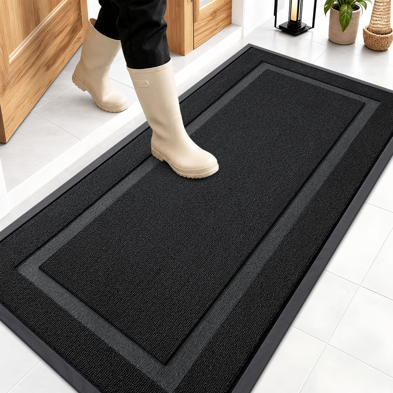 OLANLY Front Door Mat Outside 47x23, All-Season Heavy-Duty Rubber Doormat | Jet Black, Absorbent, Stain Fade Resistant, Waterproof Non-Slip Backing, Low-Profile Indoor Outdoor Floor Mat for Entryway