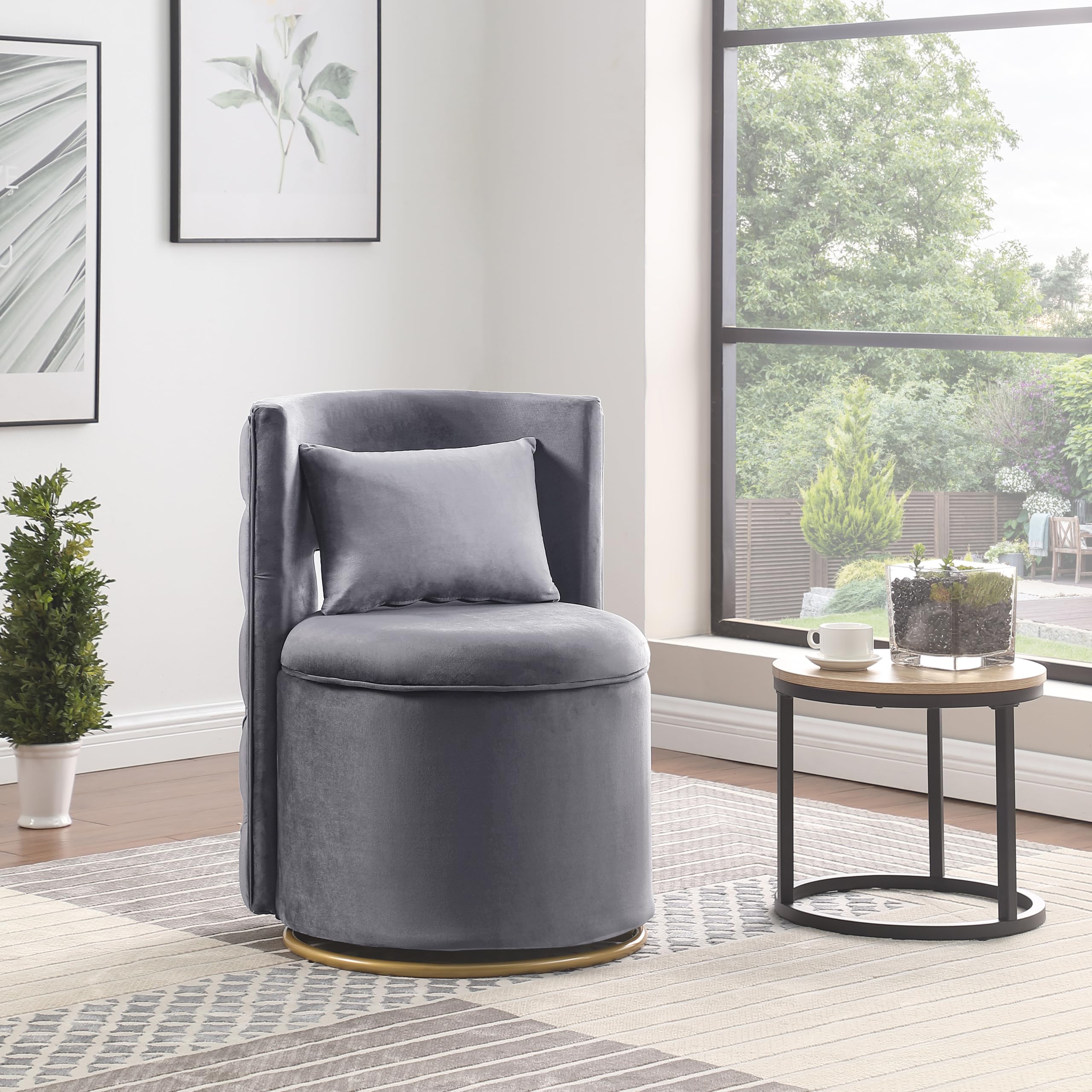 Tassullo Swivel Chair with Storage for Living Room, Round Velvet Vanity Chair with Tufted Button Back, Pillow Included (Grey)
