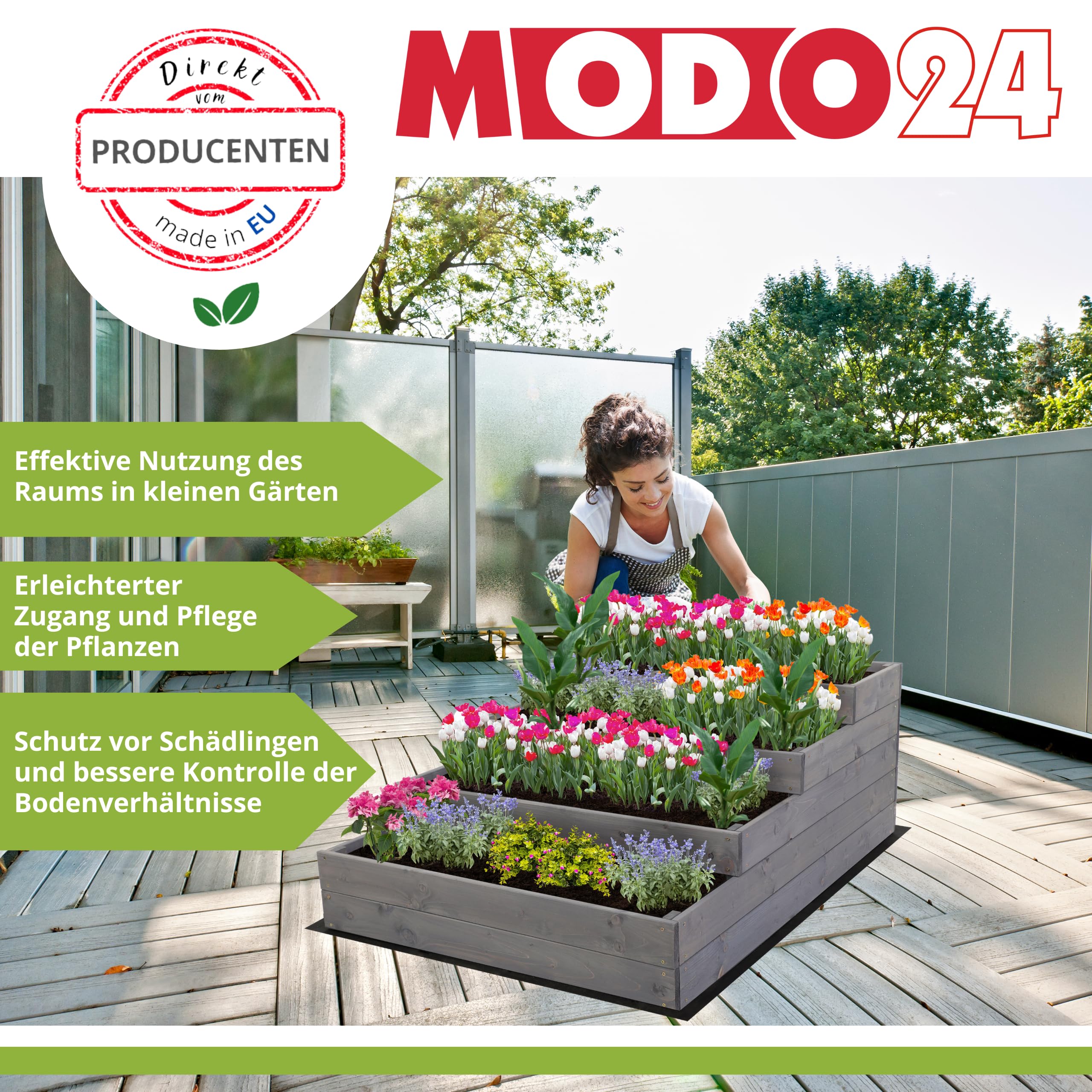 Hochbeet Holz, 3-stufiger Pflanzkasten, Blumenkasten, Gemüsebeet, Kräuterbeet, Anzuchtset, Anzuchtkasten, mit Gartenvlies als Unterlage und Schrauben, Abmessungen 45x30x93 cm, Farbe: Grau