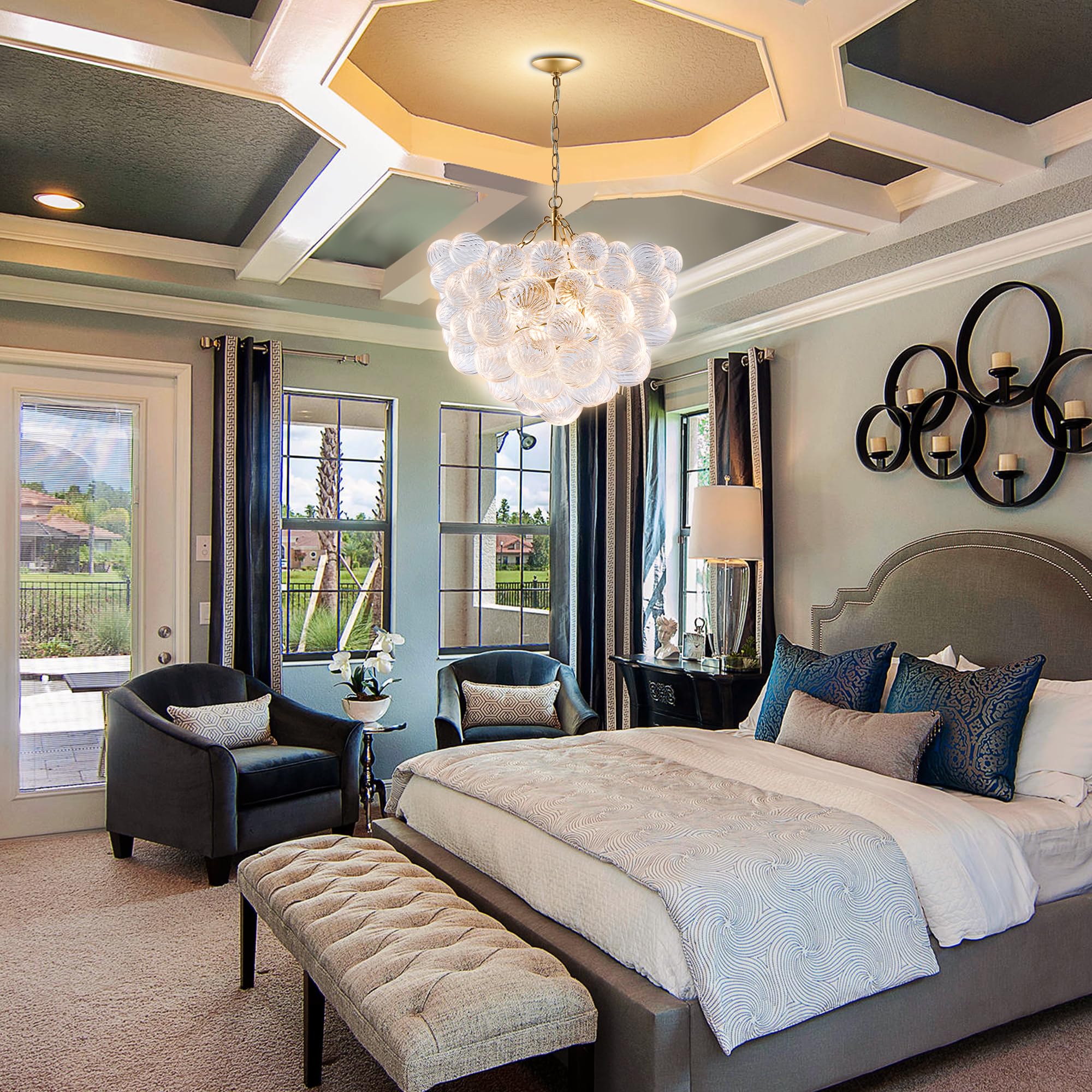 Longree Nordic Bubble Ball Swirled Glass Chandelier, 20 Inches, Gild Gold & Clea — product photo