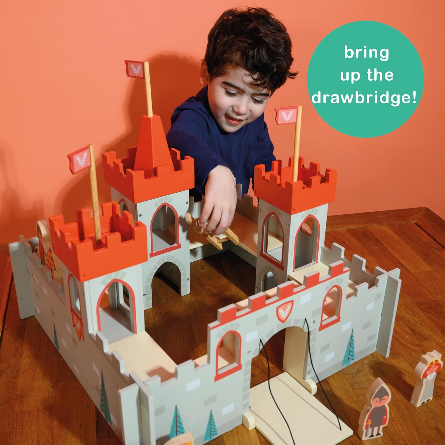 Mentari Toys - King’s Castle - Wooden Fortress Playset with 3 Towers, Drawbridge, Soldiers, Horse and Cart - Encourages Imaginative Play, Storytelling and Skill Development - Age 3+