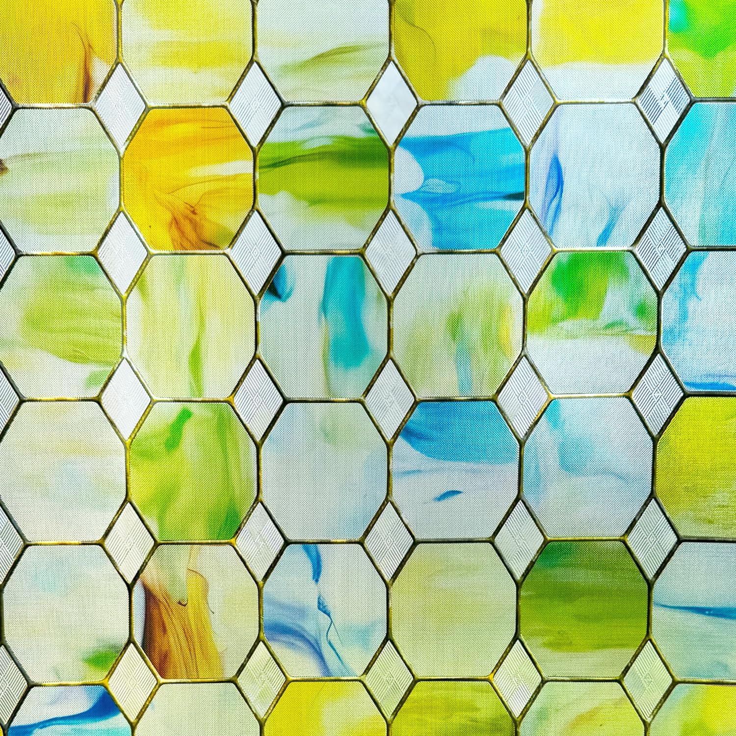 3D Stained Glass Window Film Etched Glass Door Film Hexagonal Mirror Design Decorative Window Privacy Cling Tints No Glue Anti UV for Home and Office,23.6x35.4 inches