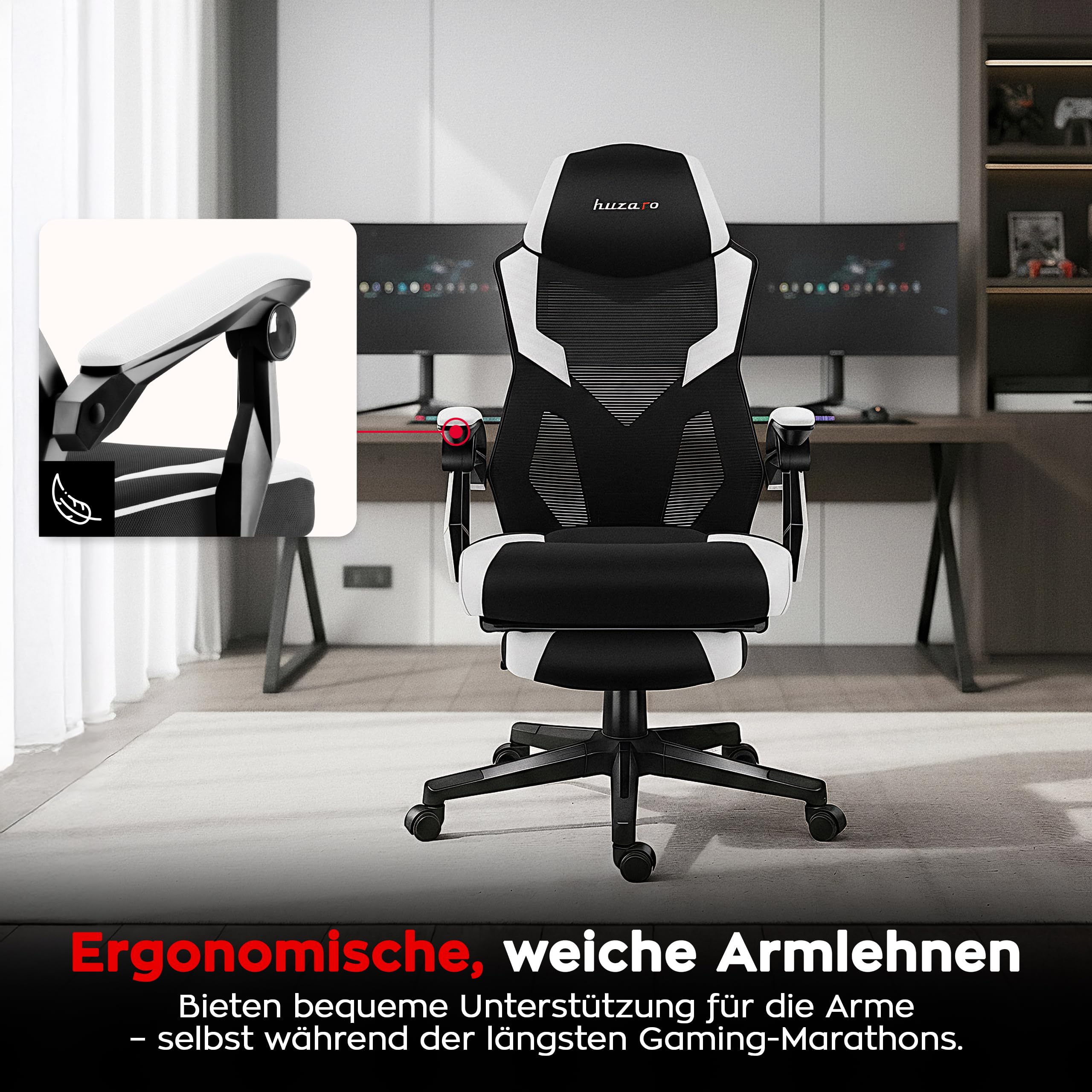huzaro Combat 3.1 krzesło biurowe dla graczy, ergonomiczne krzesło z podnóżkiem, regulowane oparcie 135°, oddychająca siatka, obciążenie do 150 kg, ciche kółka, kolor biały