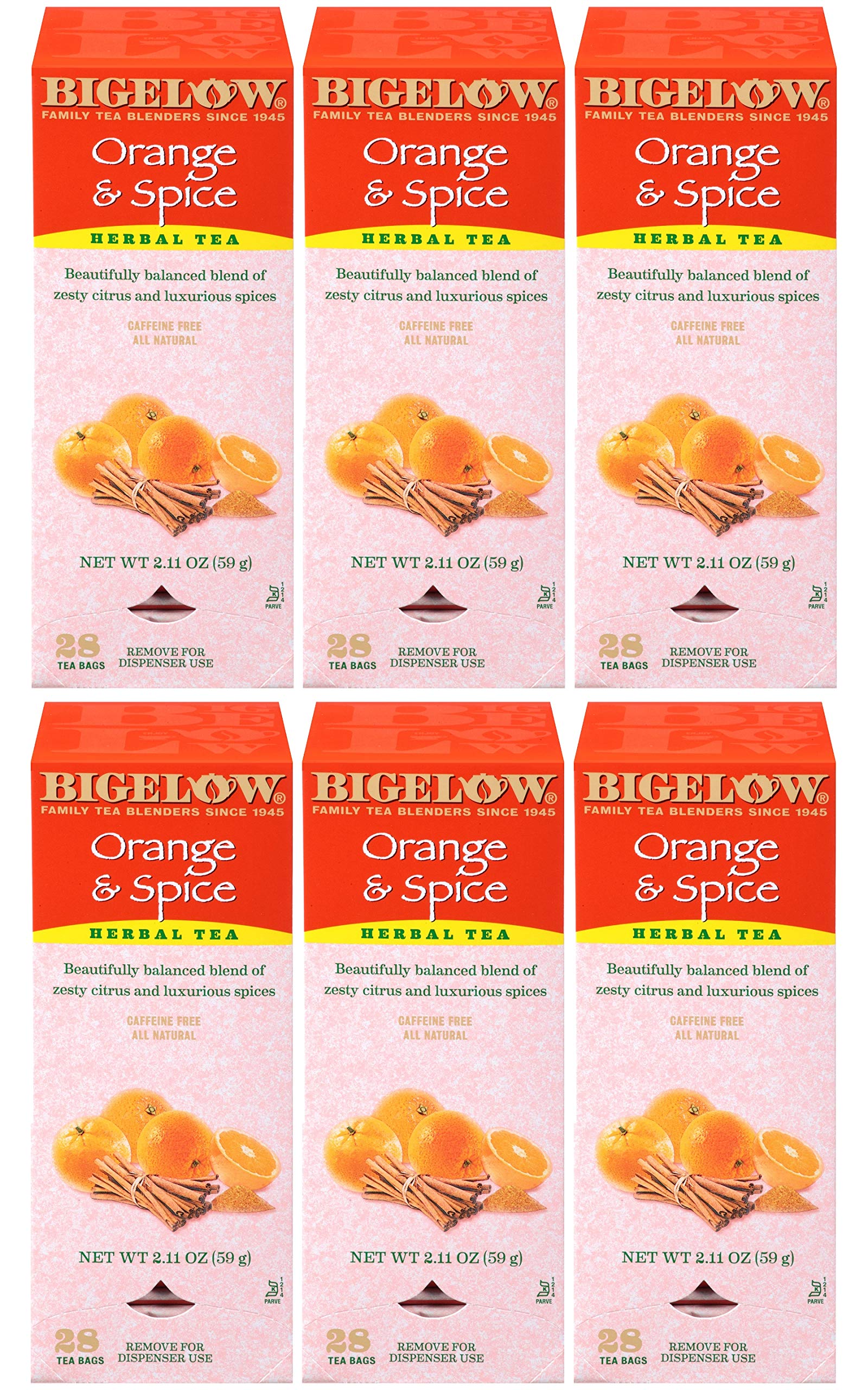 Bigelow Orange & Spice Herbal Tea 28-Count Boxes (Pack of 6) Caffeine-Free Soothing Herbal Tea Sweetly Citrus-y Tea with an Herbal Twist in Foil-Wrapped Bags by Bigelow Tea –