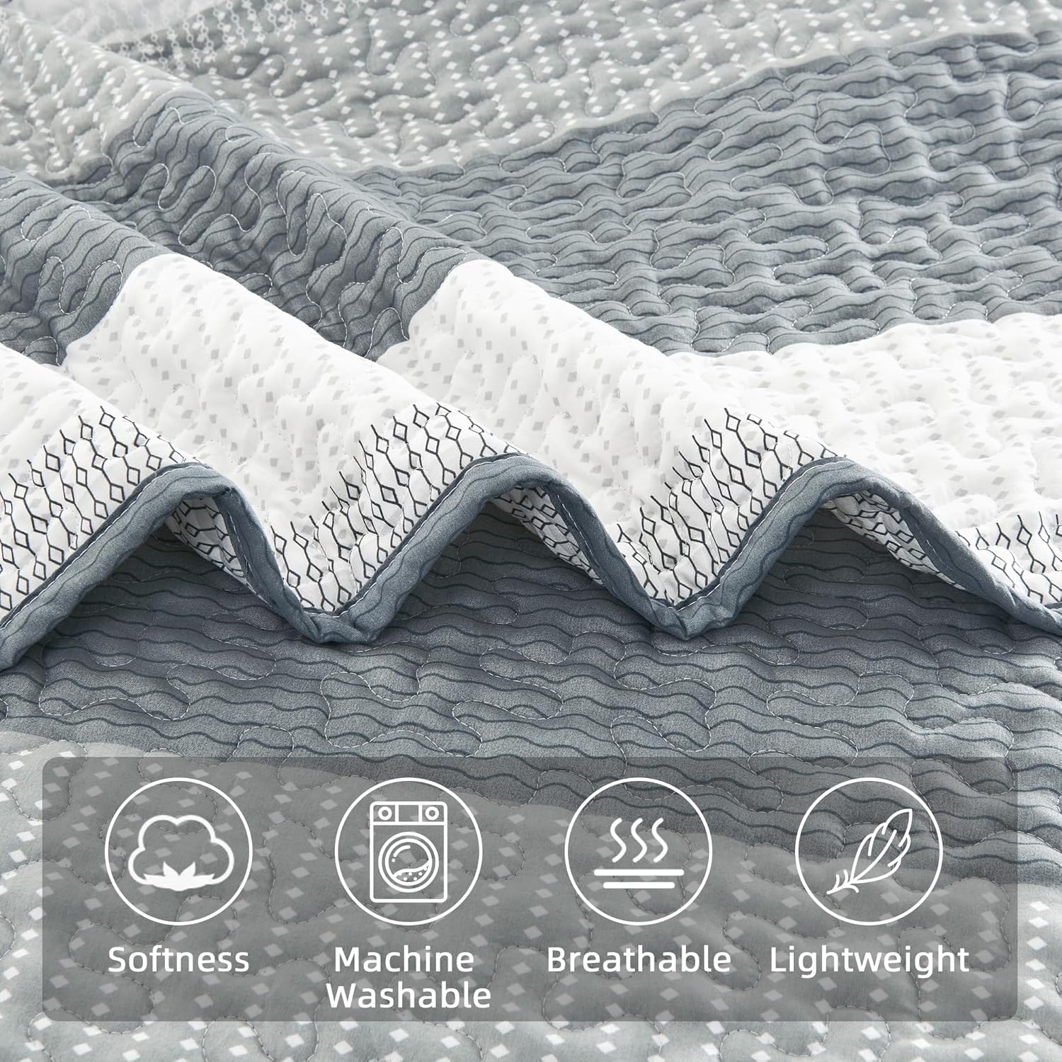 Andency Grey Striped Quilt Queen(90x96Inch), 3 Pieces (1 Striped Quilt and 2 Pillowcases) Patchwork Bedspread Coverlet Set, Soft Microfiber Lightweight Quilted Bedding Set - Image 4