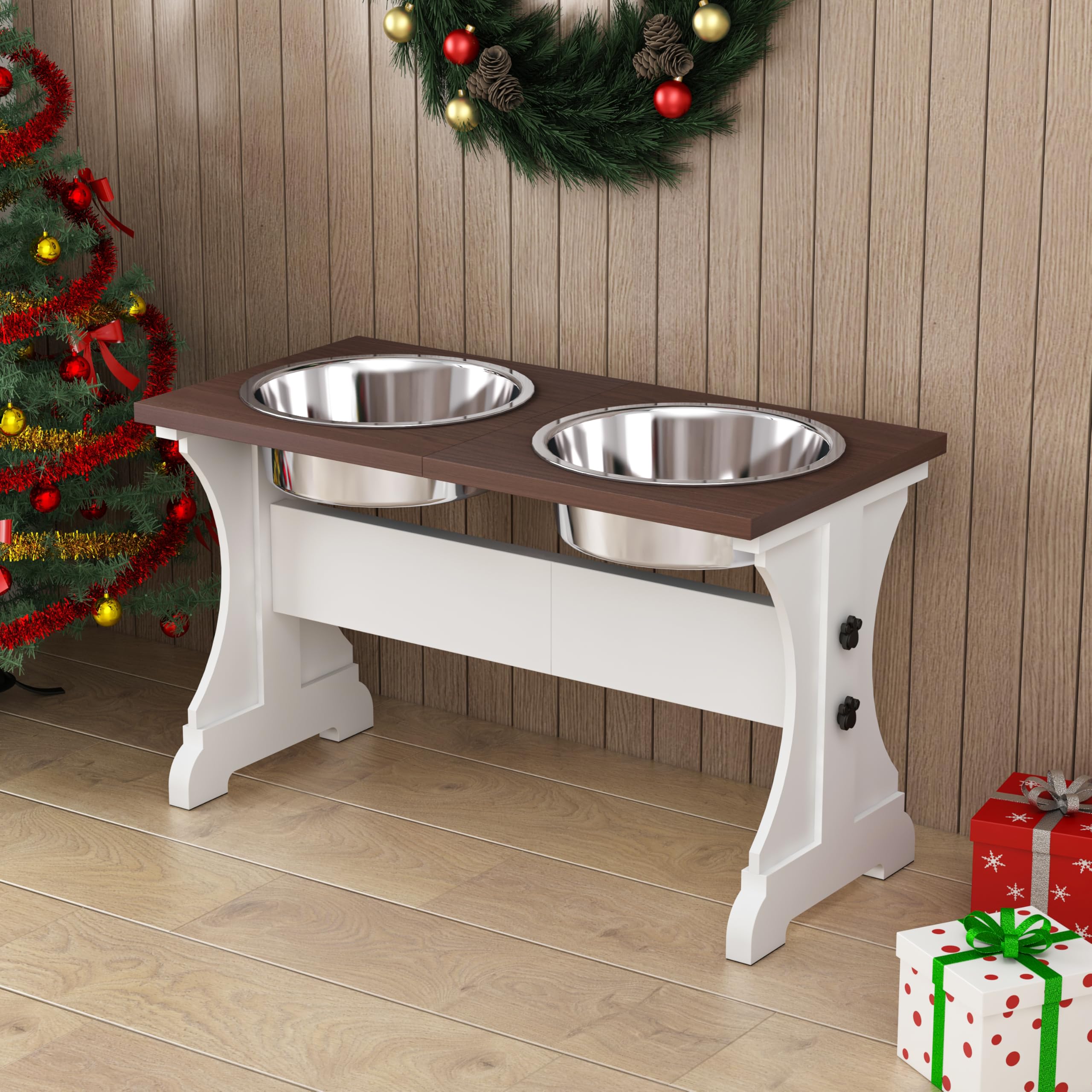 Piskyet Cuencos elevados para perros, soporte de madera para perros con 2 cuencos de acero inoxidable, soportes modernos para perros grandes y extragrandes, 8 tazas de 13.8 pulgadas, comederos perros