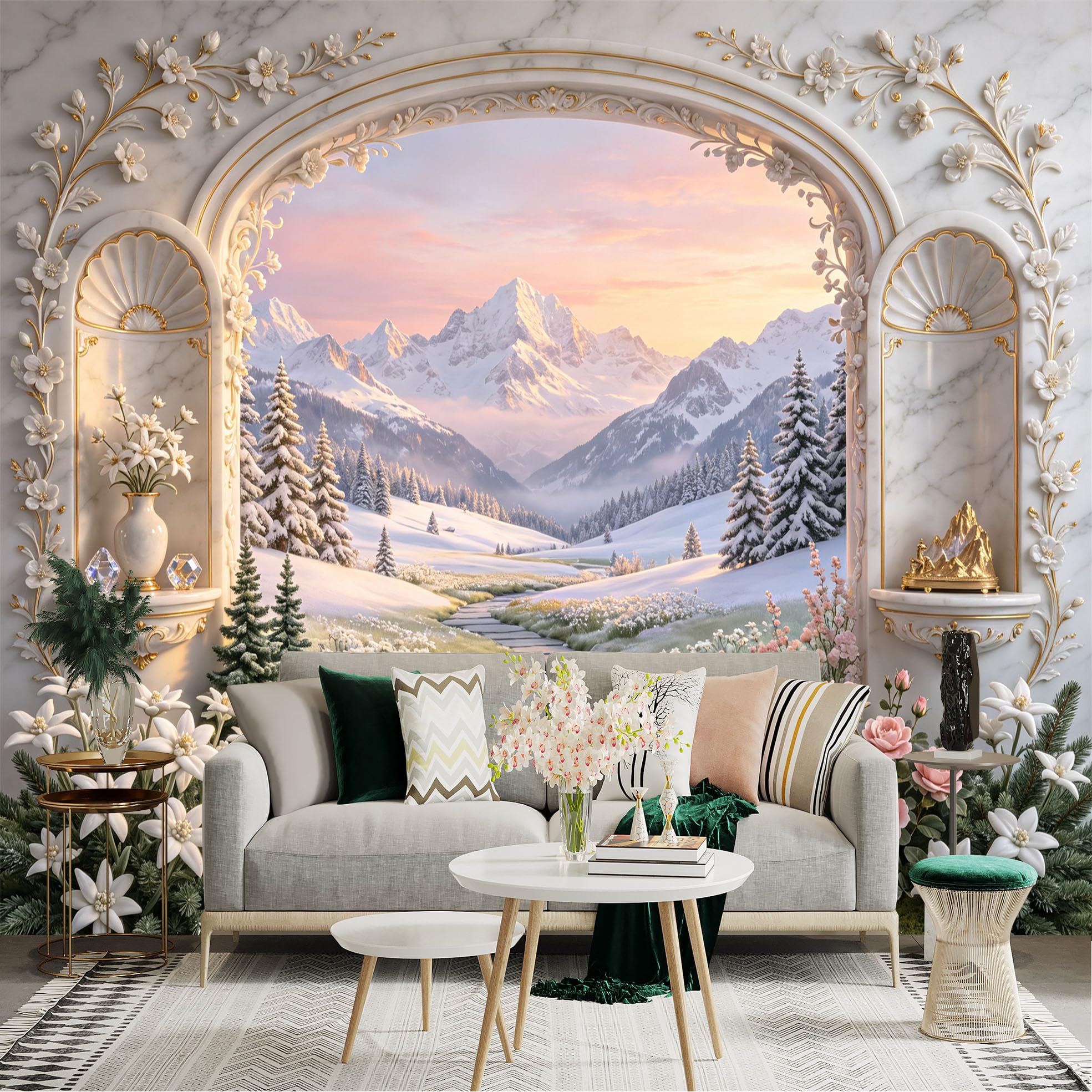 Lnzczhyre Bh260719136 Custom Size Wall Sticker Mural， Marble Archway View， Snowy Mountains， Frozen Stream， Winter Floral Garden， For Wall Decoration， Peelandstick Wall Decals.