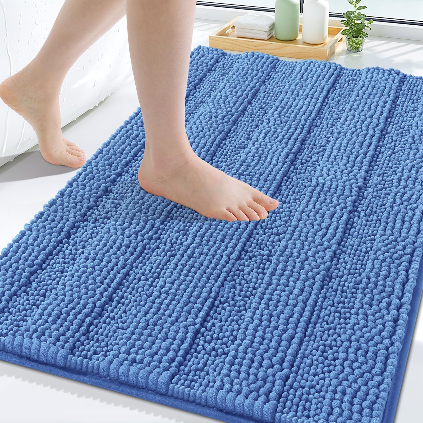 Grandaily Chenille Bathroom Rugs 30x20, Soft Bath Mats, Cornflower Blue