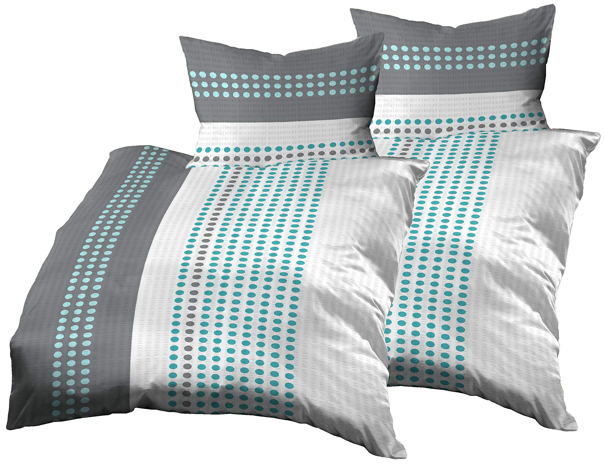 4teilig Bettwäsche-Set 2X 140x200 cm + 2X 70x90 cm, Baumwolle Seersucker, Gepunktet Streifen Grau Türkis Weiß