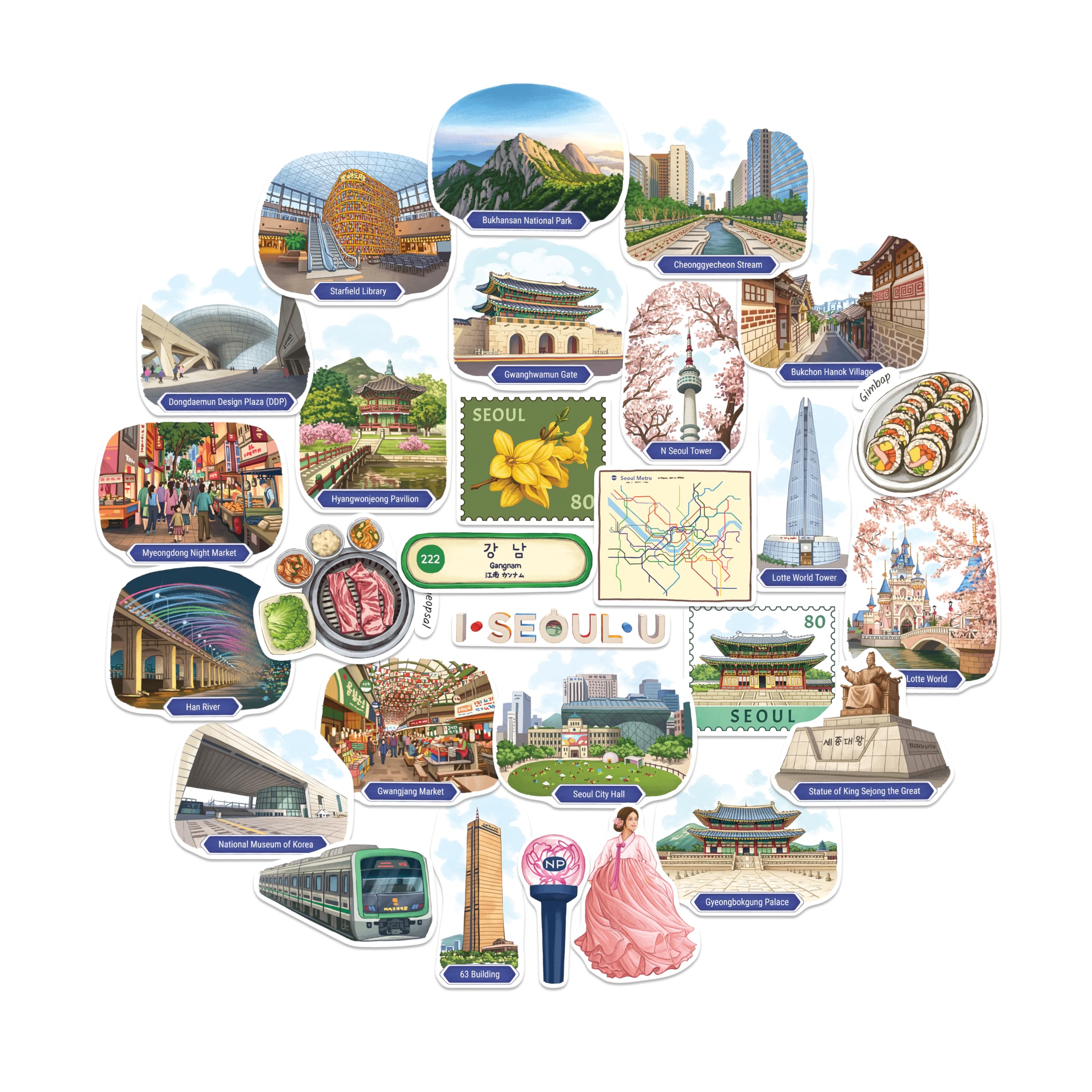 Navy Peony Energetic Seoul Travel Stickers (28pcs)-Gouache, Spring, South Korea, Korean City-Themed Vacation Stickers for Scrapbooks, Journals