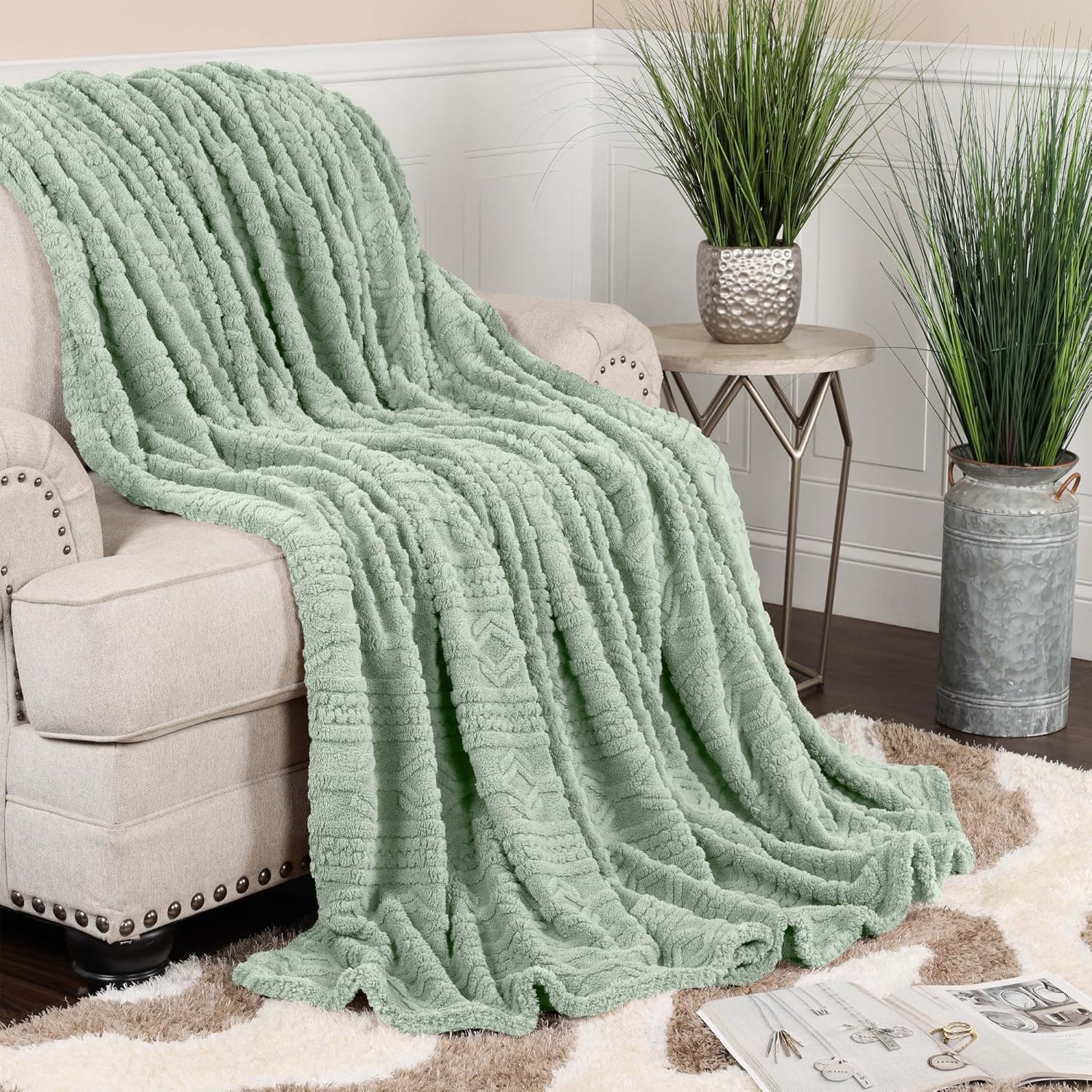 BNM Fleece Boho Jacquard Blanket, Decorative Blankets for Bedroom, Sofa, Fuzzy, Plush, Fluffy, Soft, Cute Room Decor, Beautiful Cover, Comfort Essentials for Living Room, Full/Queen, Seafoam